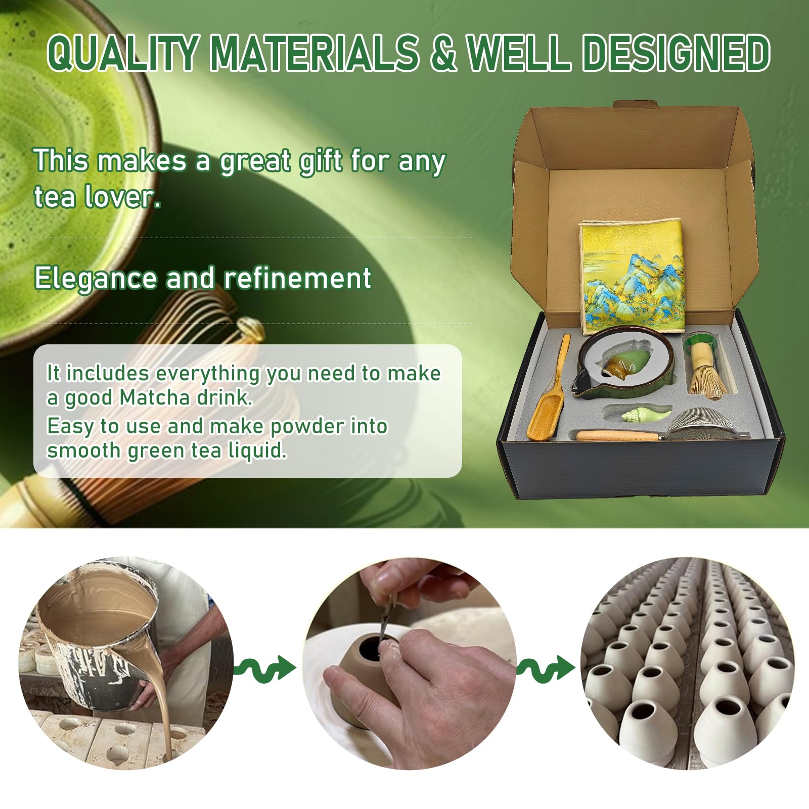 Matcha Kit Matcha Whisk Set Accessorio per cerimonia del Matcha Giapponese 9 pezzi Ciotola Matcha con Becco Frusta al Matcha Ouiller per tè Kit di fabbricazione del tè (verde magico kit)