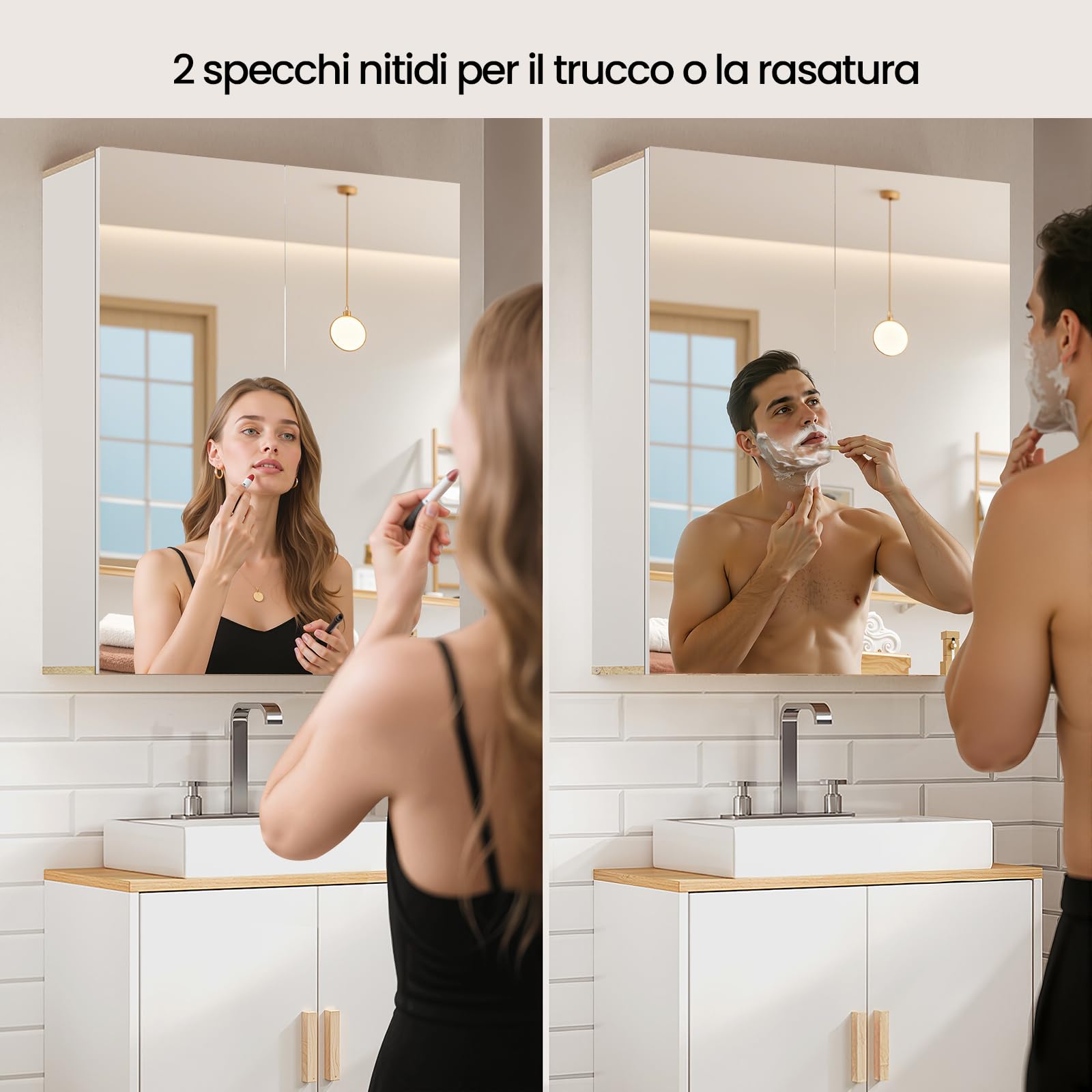 EUGAD Armadietto da Bagno Pensile, Specchio Contenitore con 2 Ripiani Interni Regolabili, Mobile Sospeso da Bagno Salvaspazio con 2 Ante, Mobiletto Bianco e Rovere 60x20x75cm