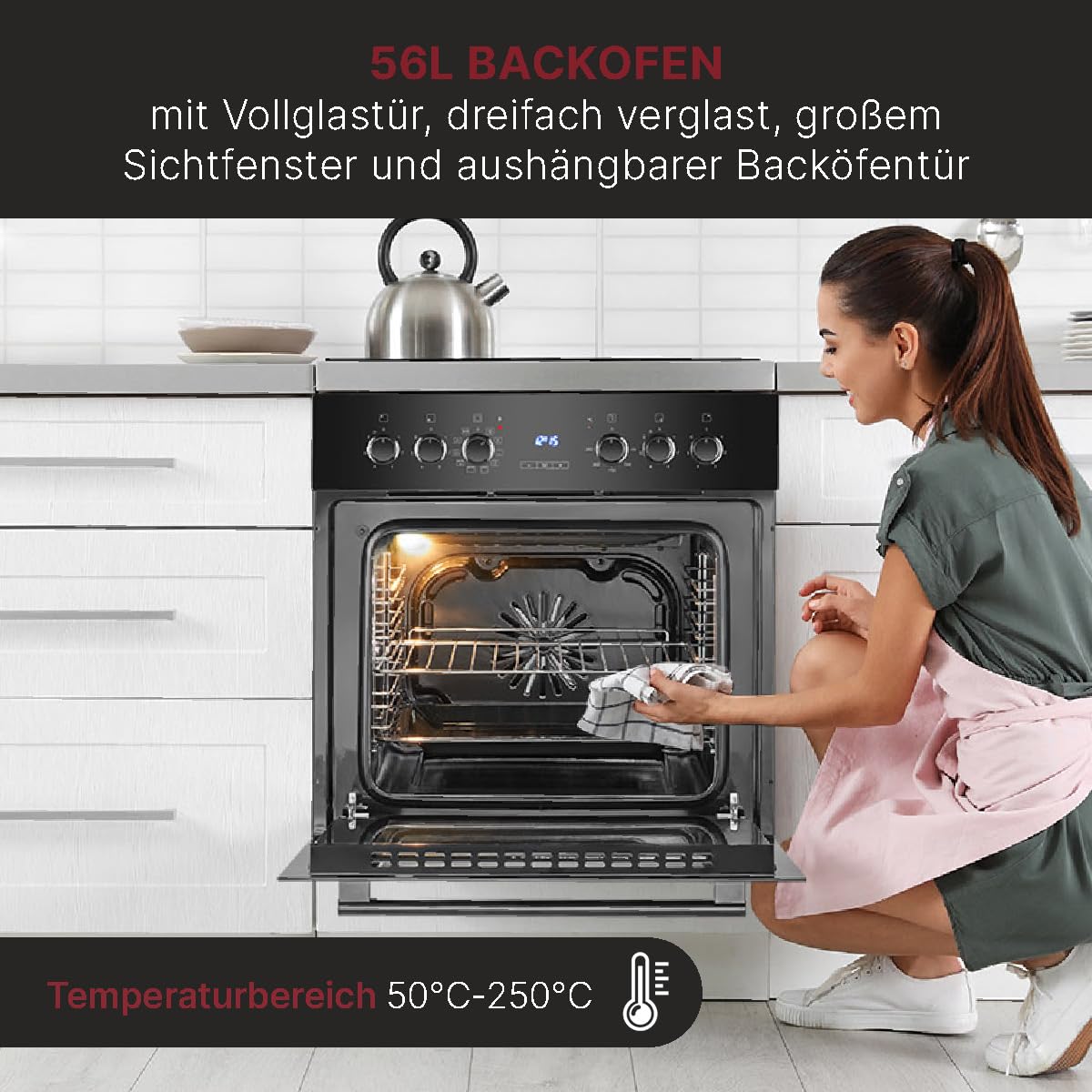 Bomann, Four avec plaque de cuisson à induction, Cuisinière encastrable avec 4 zones de cuisson et 9 fonctions de four, Capacité utile de 56 l, Thermostat réglable séparément, EHBC7937, Noir