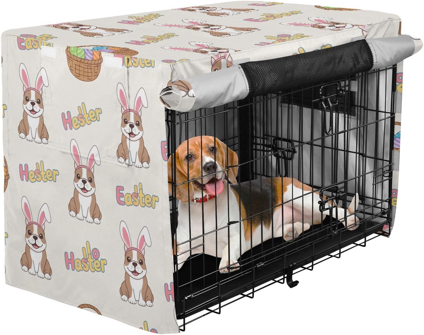 Cute Easter Bulldog Beige Dog Crate Cover Water-Resistant, S-XL Washable Cage Cover for Indoor Pets, Large