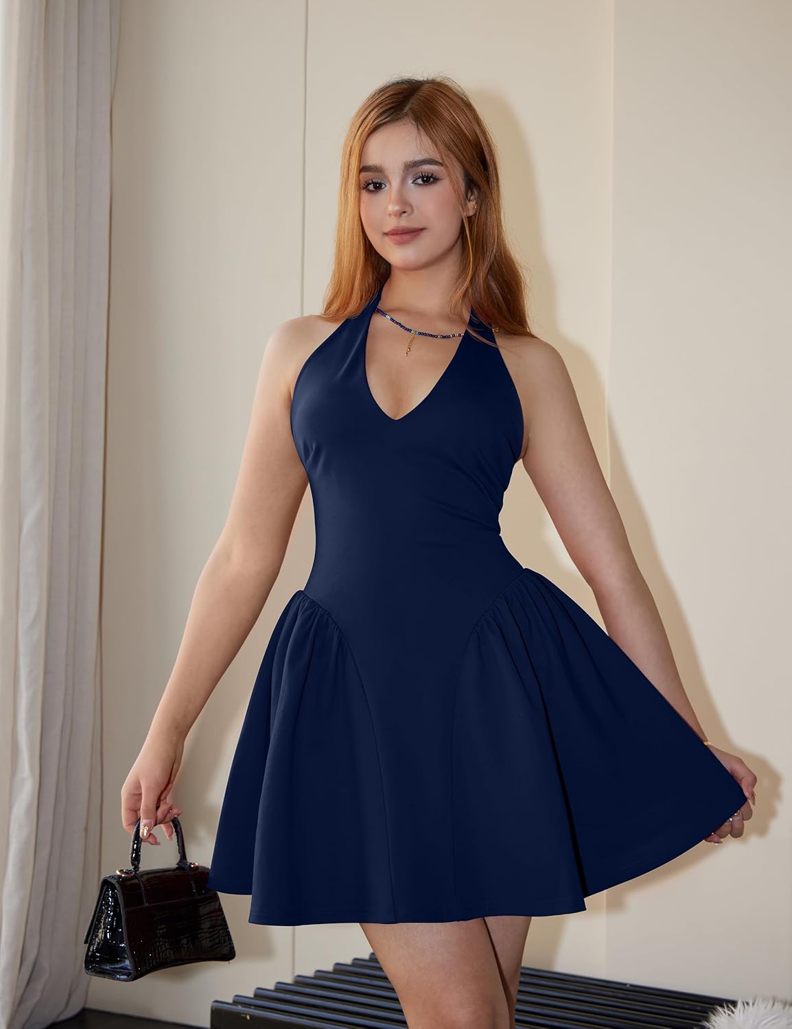 Women's Sexy Halter V Neck Sleeveless Backless Bow Tie A-line Party Club Short Mini Dress - Image 2