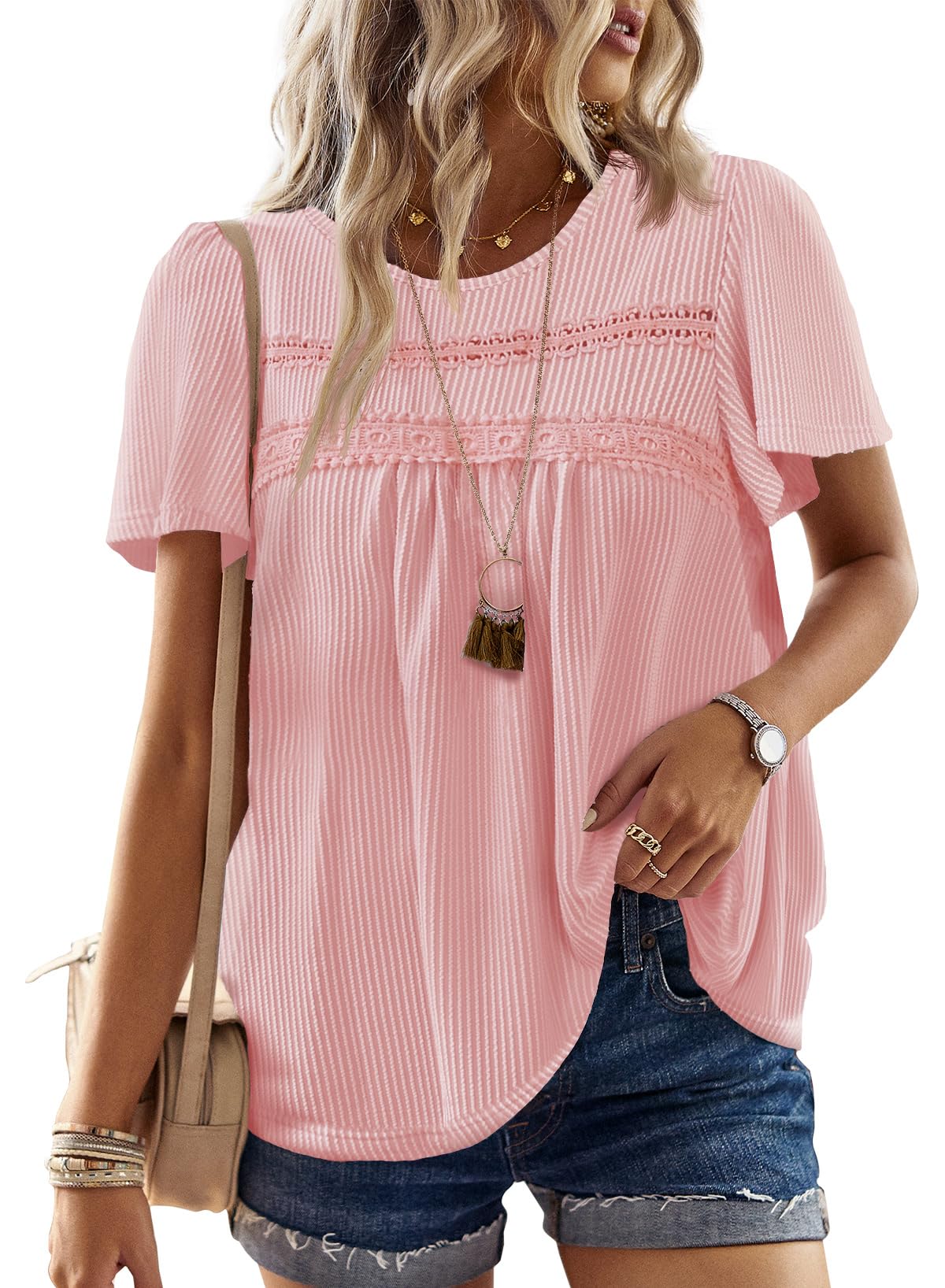 Womens Tops Boho Ribbed Flowy Stretchy Crochet Short Sleeve Shirts