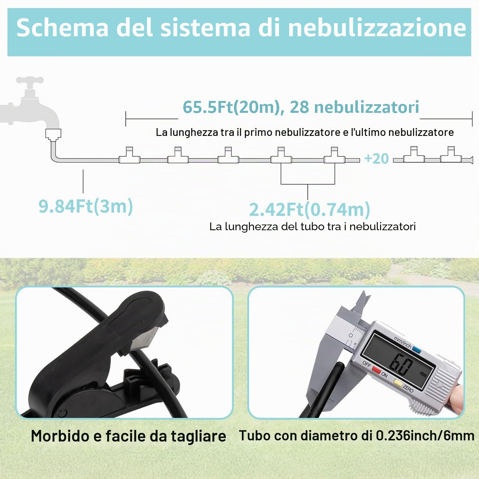 Tesmotor Set di raffreddamento a nebulizzazione da 18 m, sistema di miscelazione per esterni, con 20 ugelli in ottone e un filtro, per il raffreddamento della nebbia per ombrellone da giardino