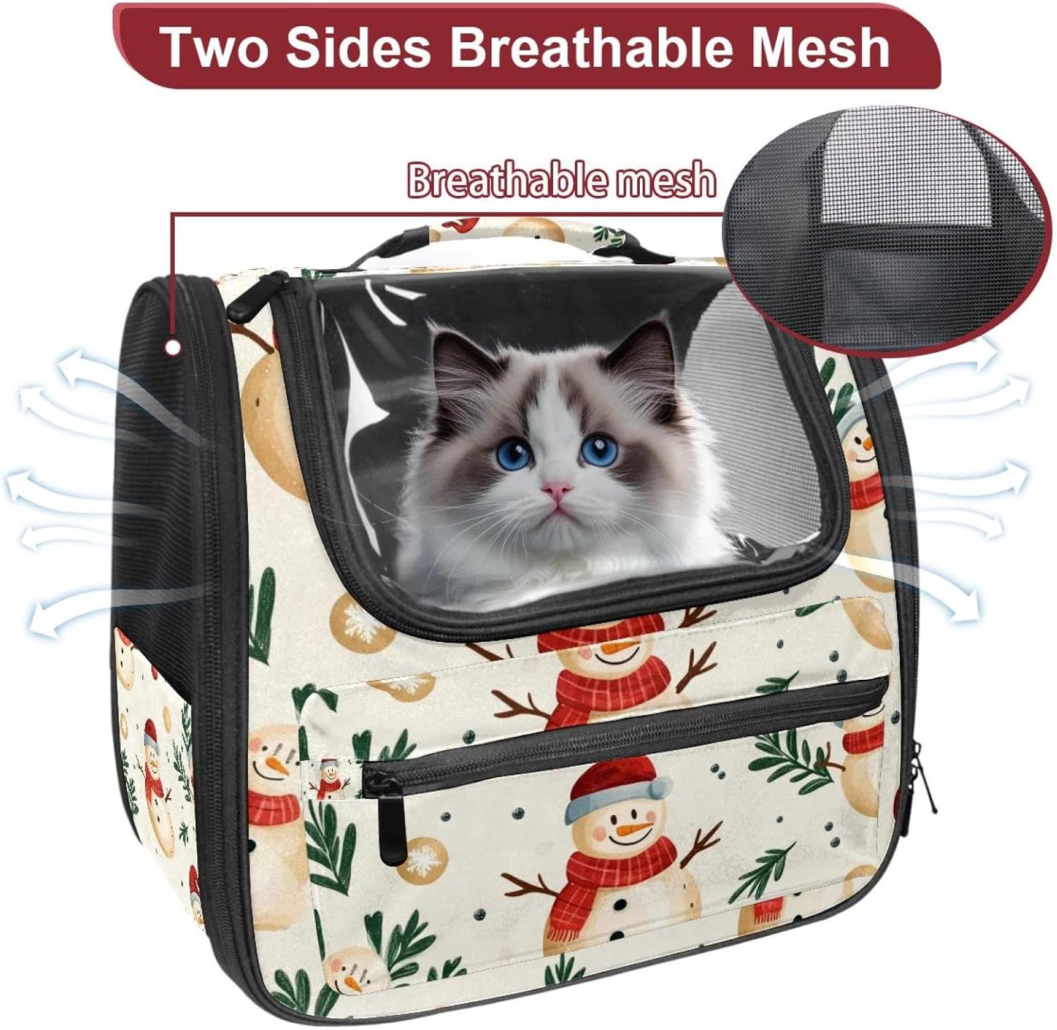 Portable Travel pet Backpack Carrier Hamster Bag Small Dog cat Carrier Breathable Hang Bag, Merry Christmas Snowman