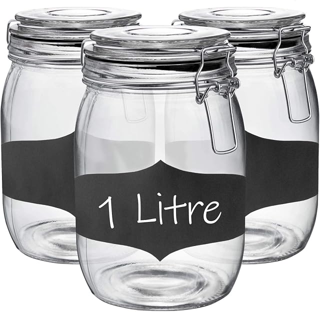 Argon Tableware 3x 1000ml (1 Litre) Clear Glass Storage Jars with Black Airtight Silicone Seal Chalkboard Stickers and Metal Clip Lids - 33.8oz Large Empty Kitchen Jar Container