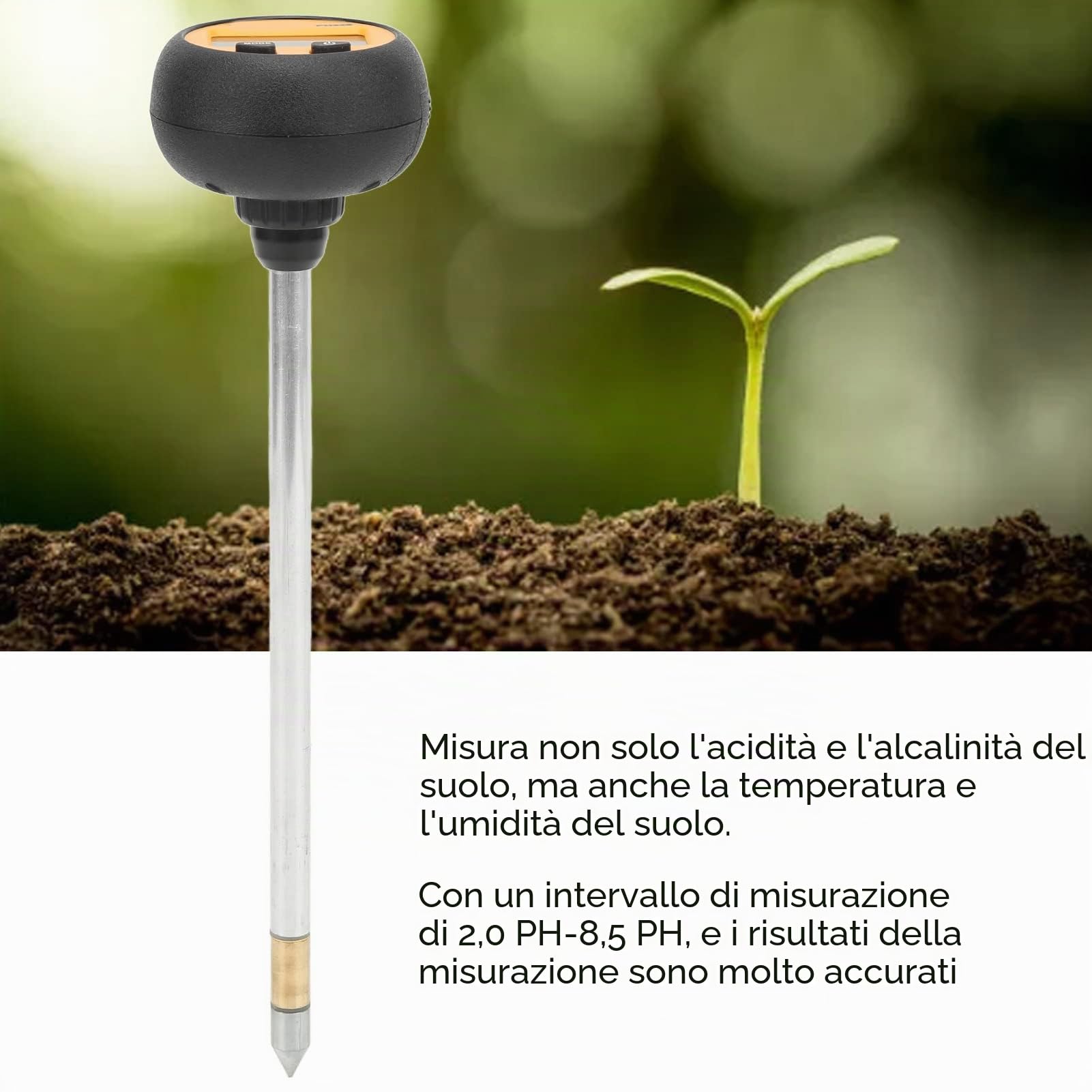 Misuratore pH Digitale per Terreno con Test Umidità e Temperatura, Tester Preciso 2.0-8.5 pH, ABS e Lega di Alluminio, per Agricoltura e Serratiche