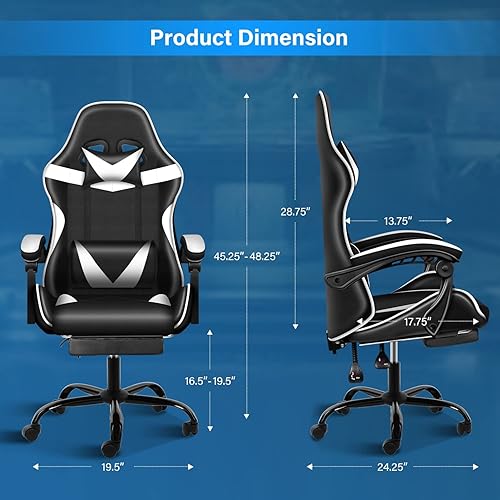 Miniatura 10 de YSSOA Silla de juegos blanca con reposapiés, silla de jugador grande y alta, silla de oficina giratoria ajustable estilo carreras, sillas