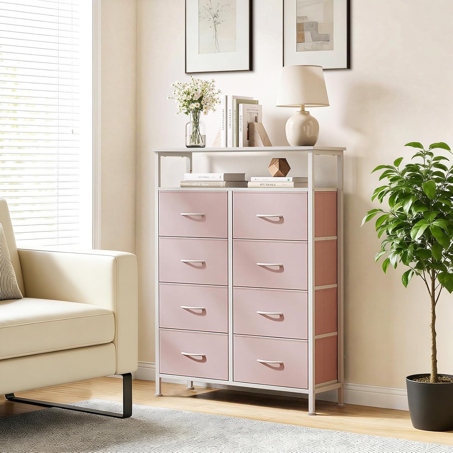 8 Drawers Dresser with Open Shelf, 46" Tall Storage Organizer Chest of Drawer with Wooden Top, Sturdy Metal Frame for Bedroom, Hallway, Living Room, Pink
