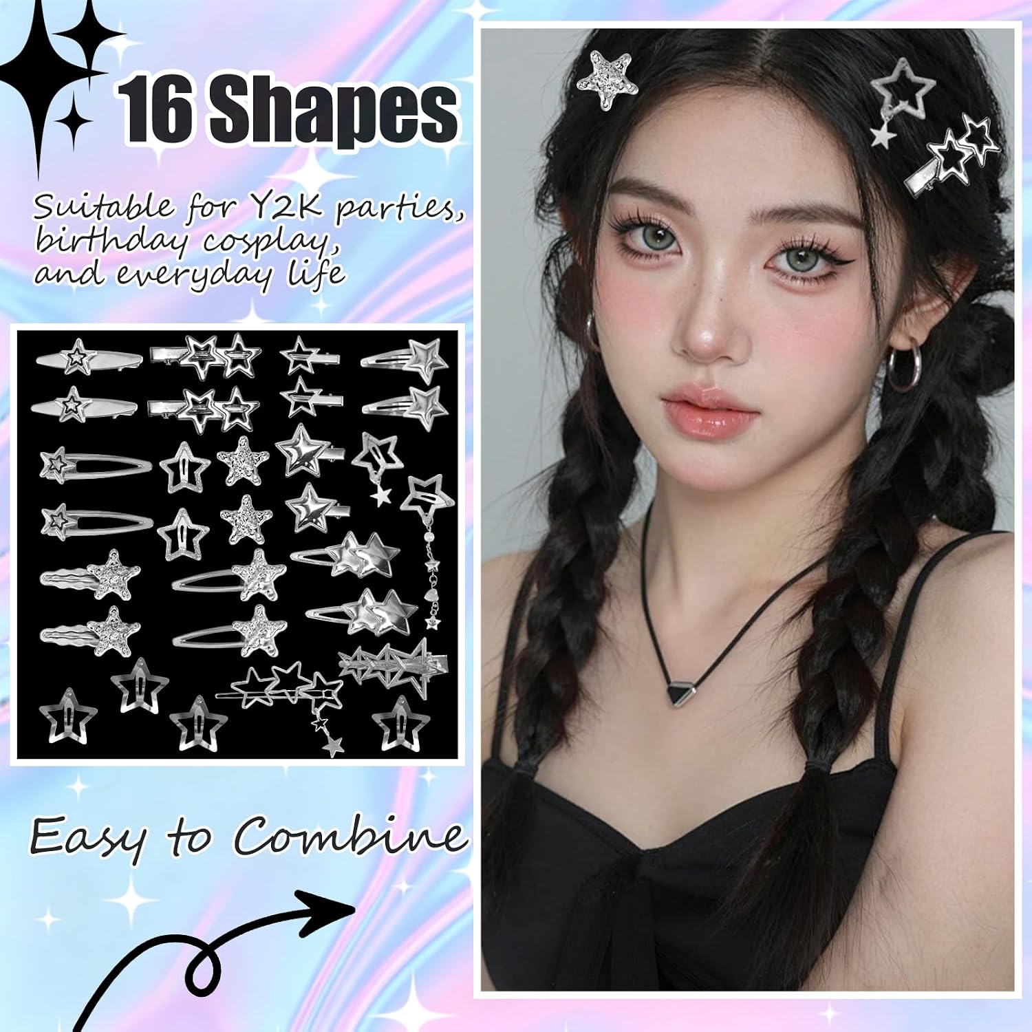 30Pcs Y2K Hair Accessories Silver Star Hair Clips Y2K Hair Clips 16 Shapes Kawaii Hair Clips for Women 2000s Non Slip Hairpin Accessories for Girls