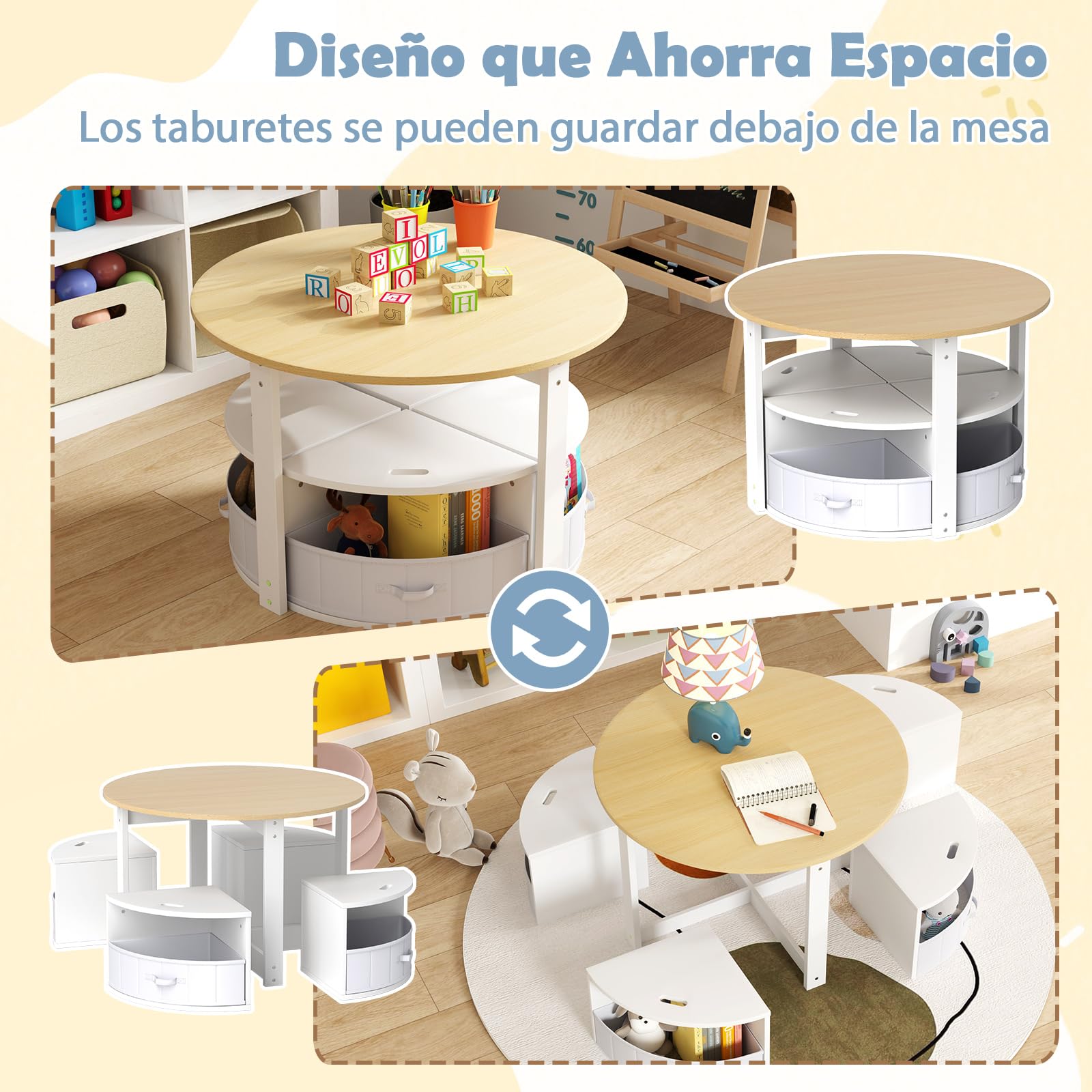 GOPLUS Juego de Mesa y Sillas para Niños de 5 Piezas, Mesa Redonda con 4 Taburetes Apilables con Cajones de Tela, Asientos de Madera con Almohadillas Antideslizantes para Niños de 3+ Años (Natural)