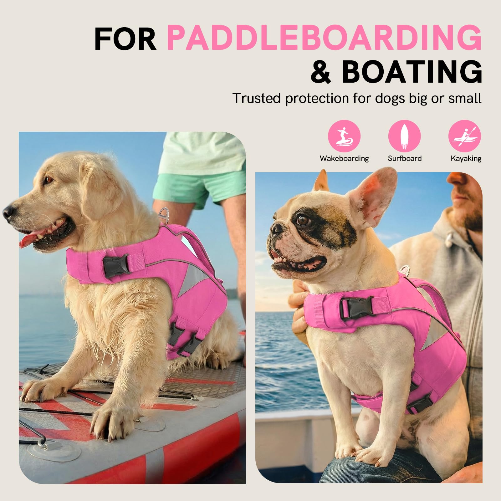 Gilet de Sauvetage Chien Réglable avec Poignée de Sauvetage Renforcée - Gilet de Sécurité à Haute Flottabilité et Bandes Réfléchissantes pour Natation, Bateau et Piscine(Rosa M)