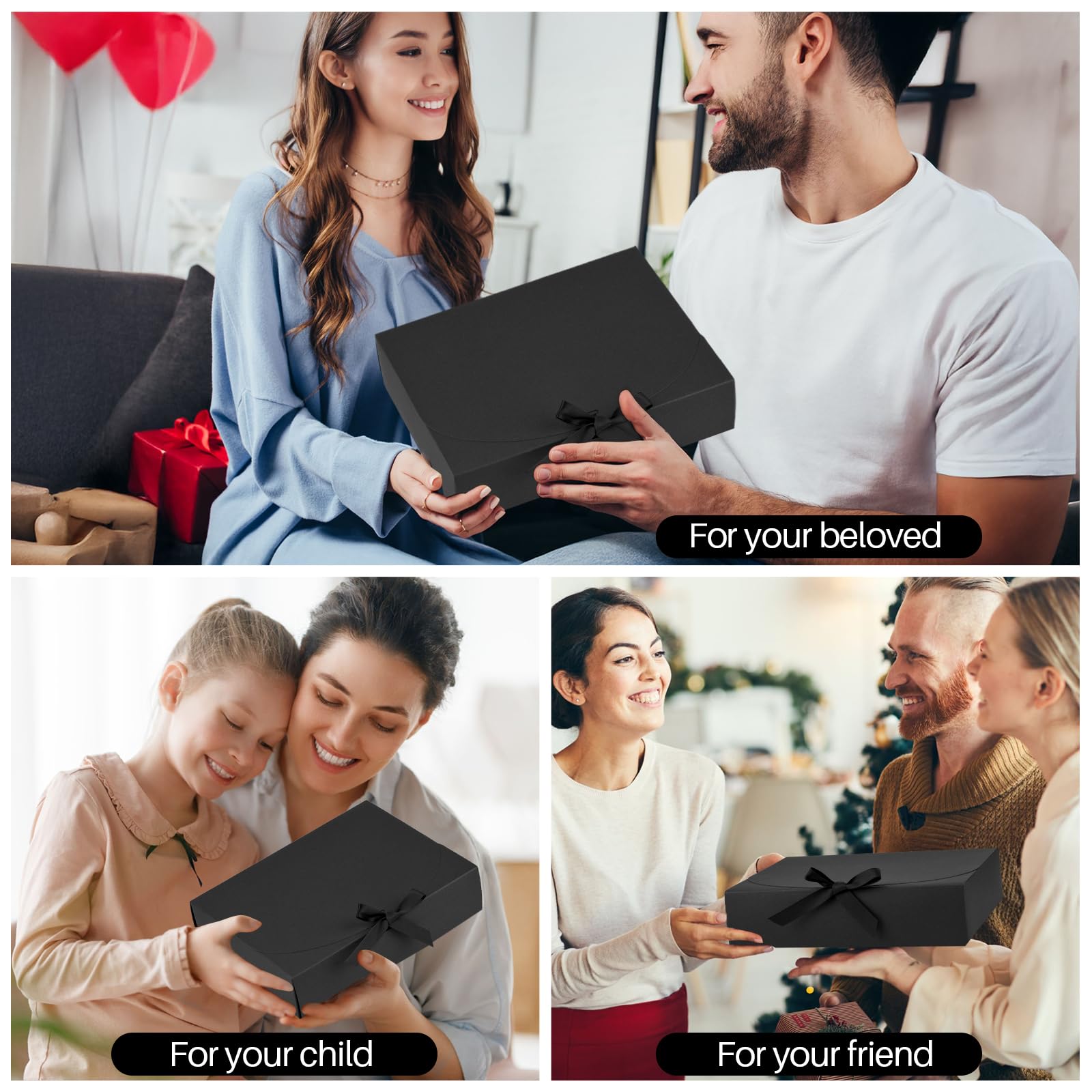 Confezione da 24 scatole regalo con coperchio, 30 x 24 x 7 cm, scatole regalo di lusso nere con nastro, per matrimoni, imballaggi, regali, compleanni (nero)