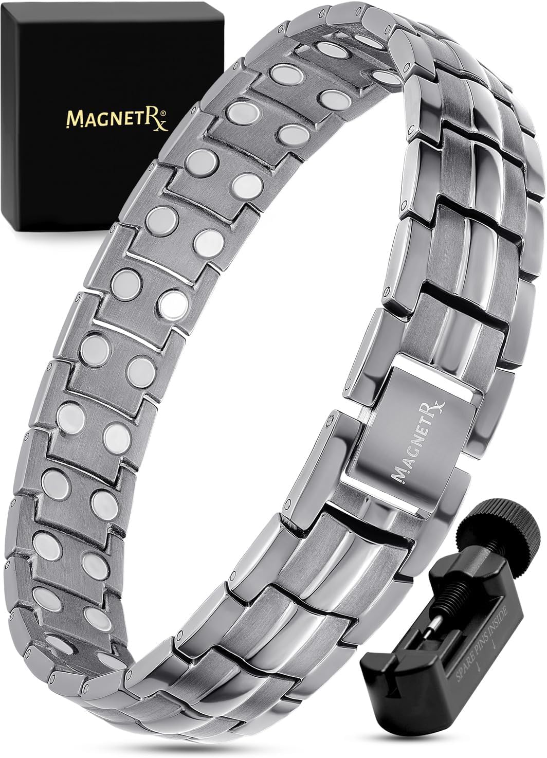 MagnetRX® Pulsera Magnética Ultrarresistente - Brazaletes de Acero Inoxidable para Hombres – Pulsera de Longitud Ajustable con herramienta de Medición para un Ajuste Perfecto (Gris Metálico)