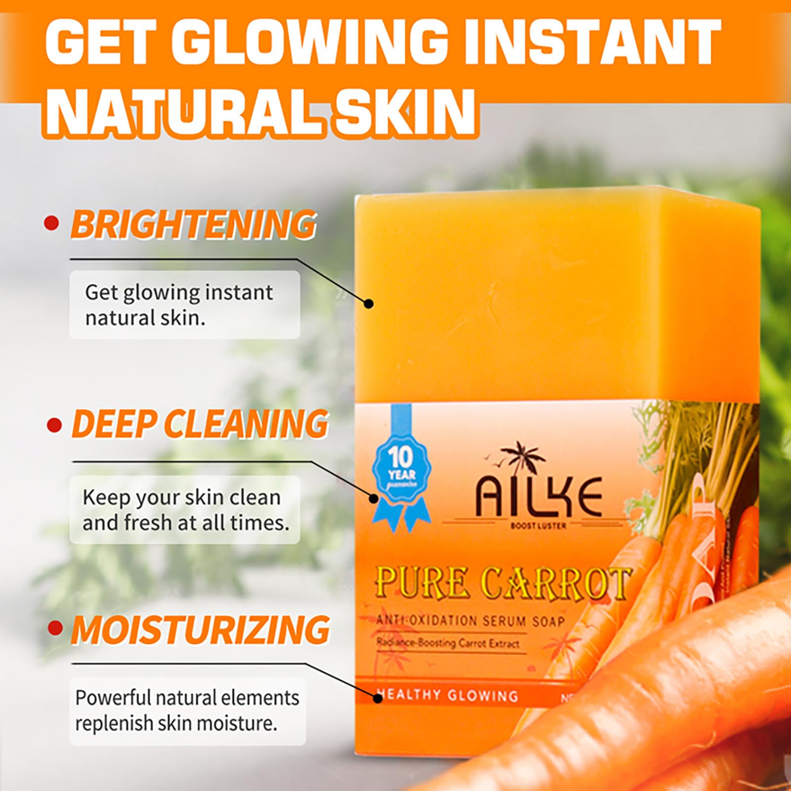 AILKE Pure Natural Carrot Whitening Serum mydło w kostce, czyste plamy i resztki makijażu, redukuje ciemne plamy, mydło rozjaśniające skórę twarzy, ciała, rąk, 200 g (5 szt.)