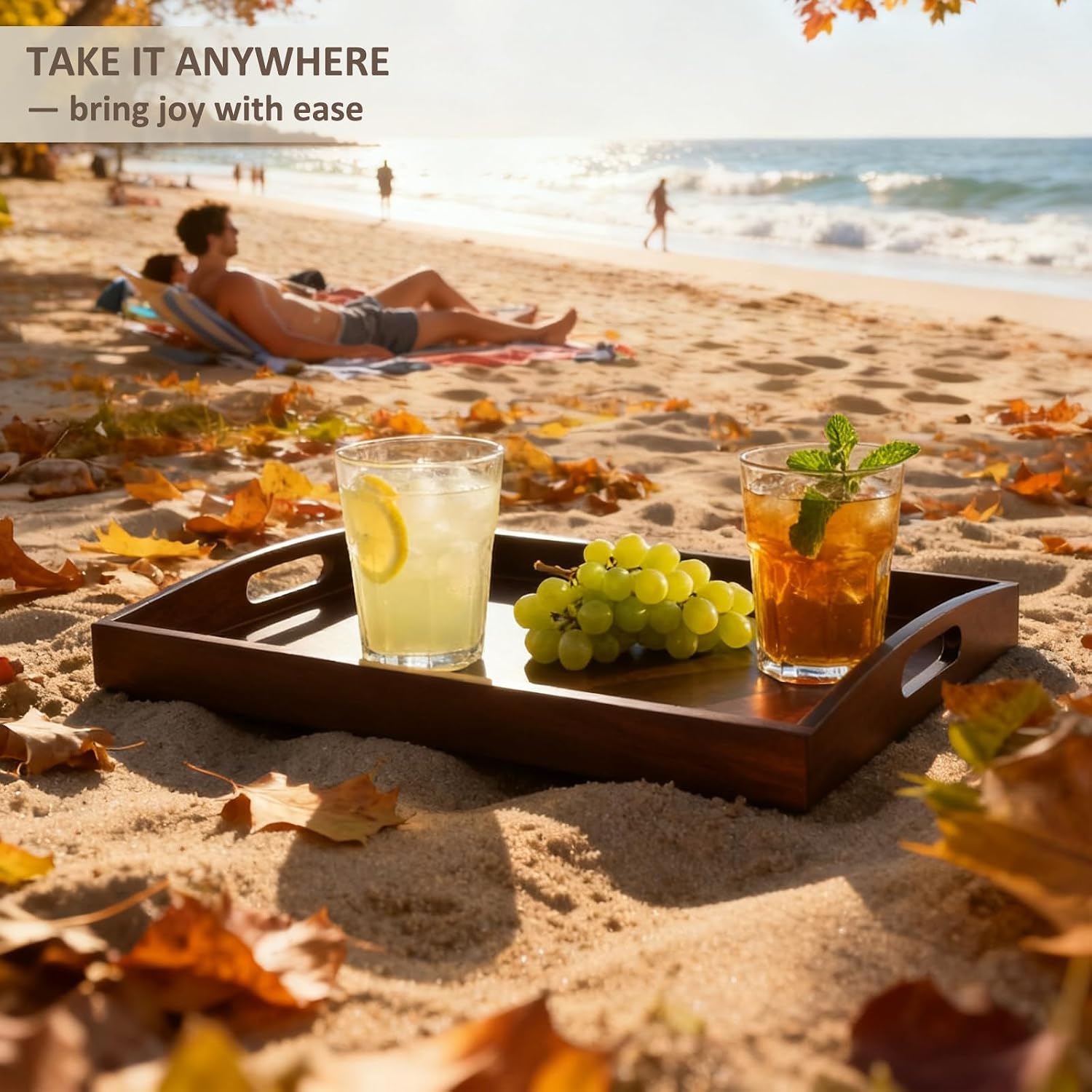 Bamboo Serving Trays with Handles, Set of 2 for Food & Coffee, Dark Brown | 2-pack nesting bamboo trays with raised edges for food, drinks, parties, kitchen, organization, display, and easy storage.