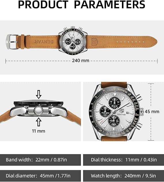 BENYAR Watch for Men Analog Quartz Chronograph Waterproof Luminous Designer Big Face Mens Wrist Watches Business Sport Casual Dress Elegant Gifts for Men