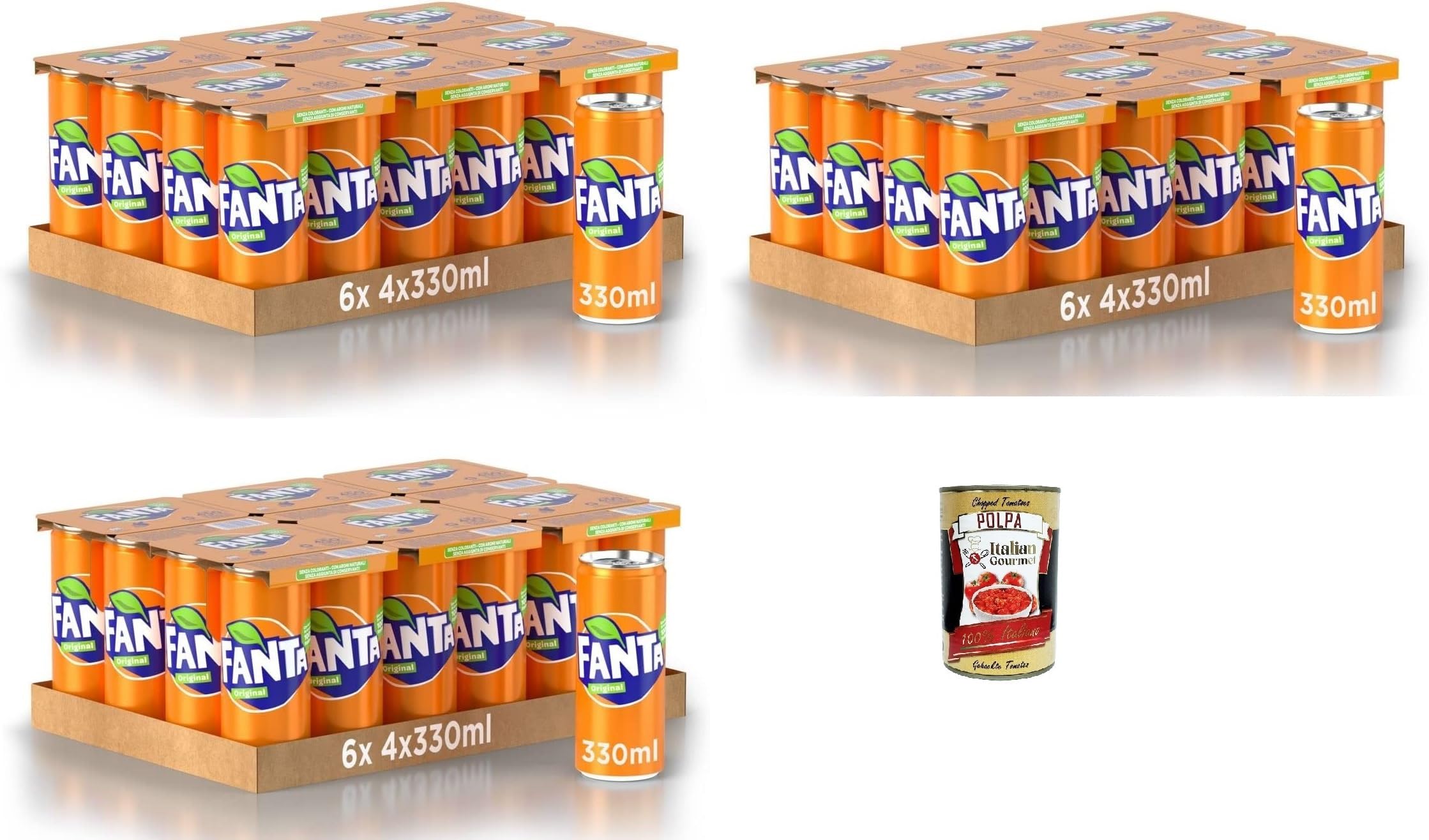Italian Gourmet Fanta Original Taste Orange bevanda analcolica 72 x 330ml | Con succo d'arancia, ohne Konservierungsstoffe, lattine riciclabili, Gesamtnettogewicht 23,76 L + Kostenlos Polpa 400g