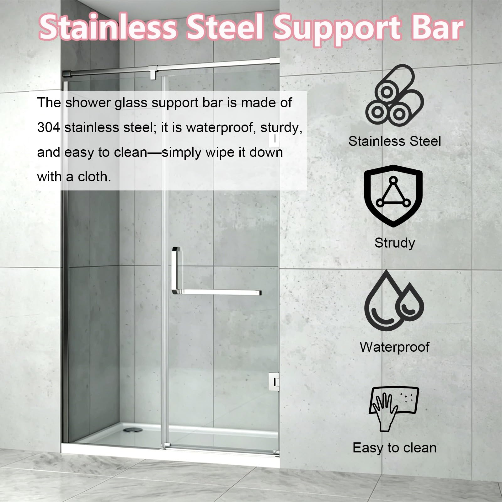 Stabilisierungsstange Dusche Stabilisierungsstange Wand Für Duschglas | Rostfreie Stützstrebe Für Rahmenlose Duschtüren, Mit Gummipolstern Für Sichere Montage(Black,120cm/46.8")