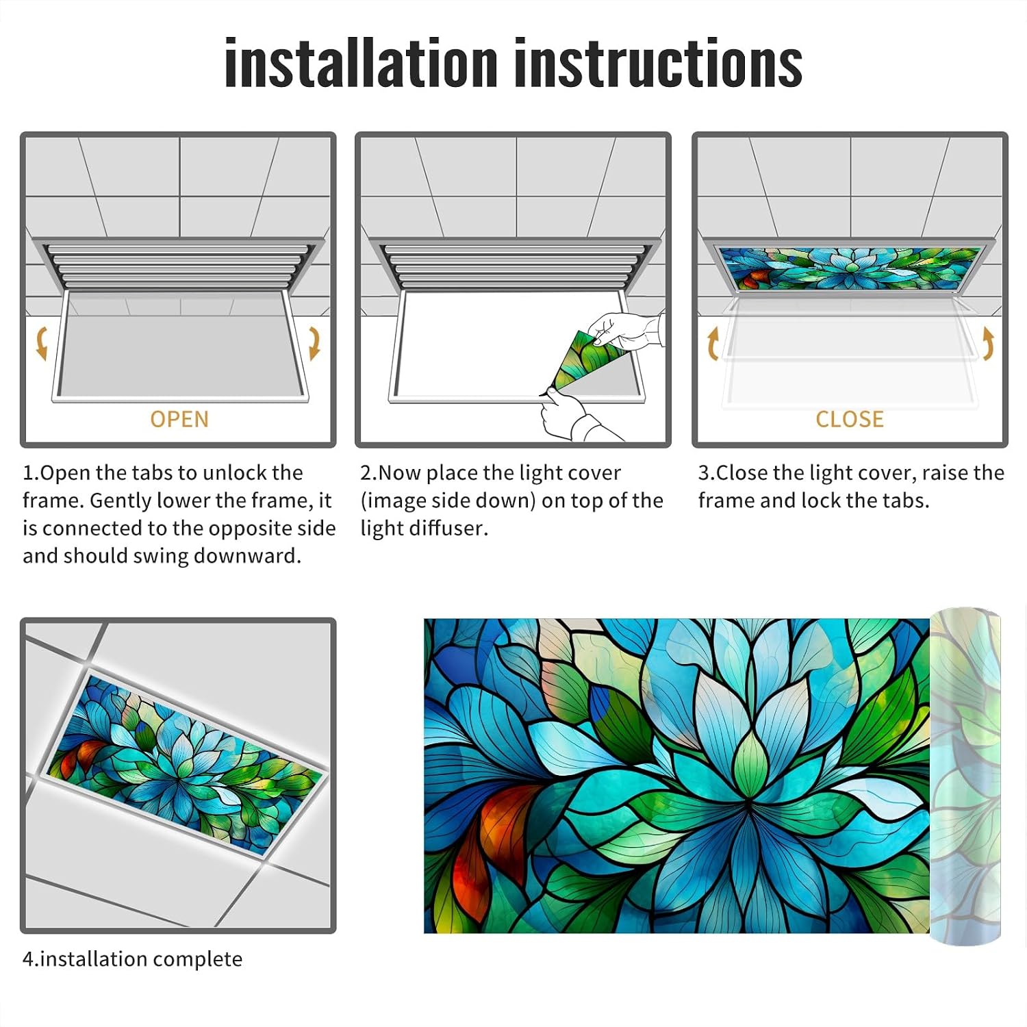 Fluorescent Light Covers for Classroom Office 4x2ft Stained Glass Green Decorative Drop Ceiling Light Cover Filters Hospital Home Decorations