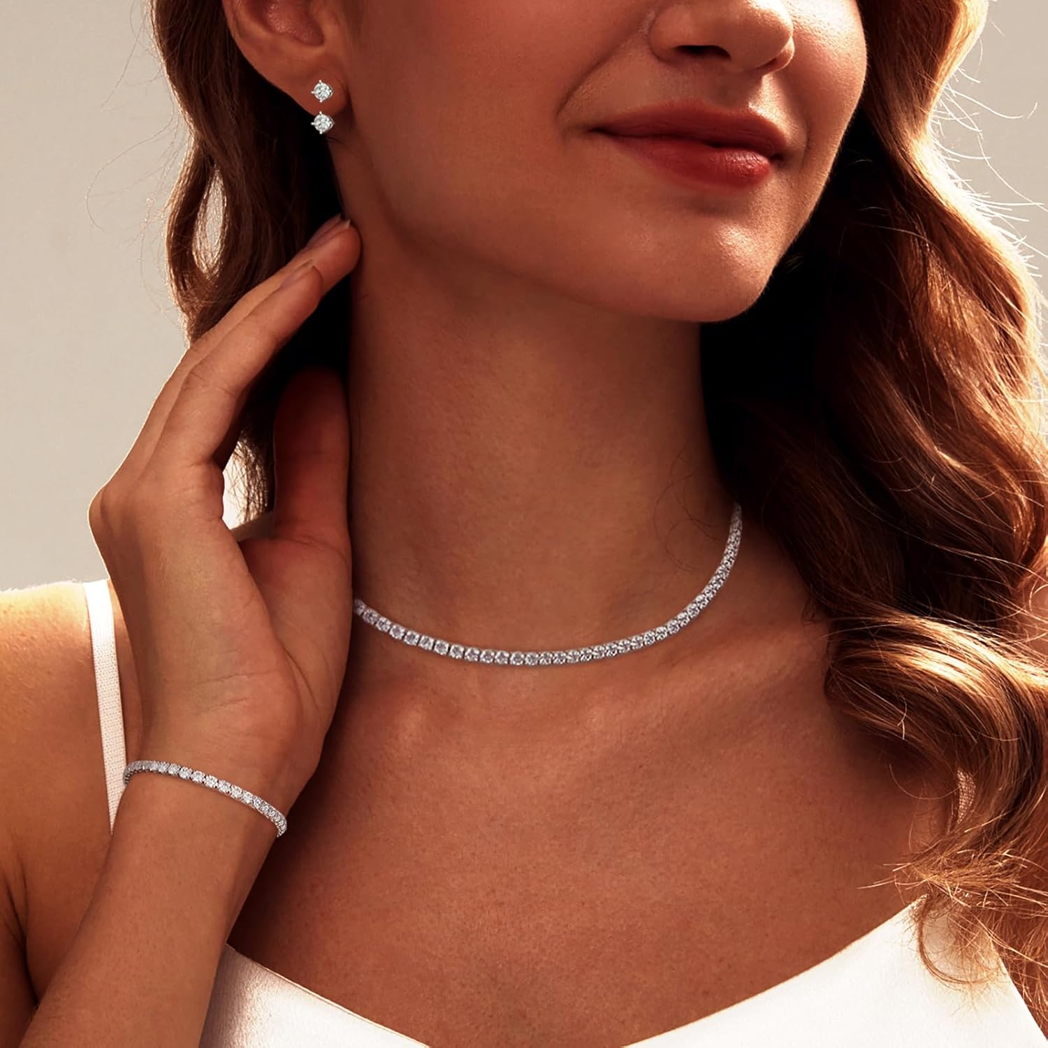 Luxval Tennis Necklace Set for Women Tennis Bracelets Diamond Earrings Sterling Silver Necklace Wedding Jewelry for Bride Silver Jewelry Sets for Women Gift - Image 2