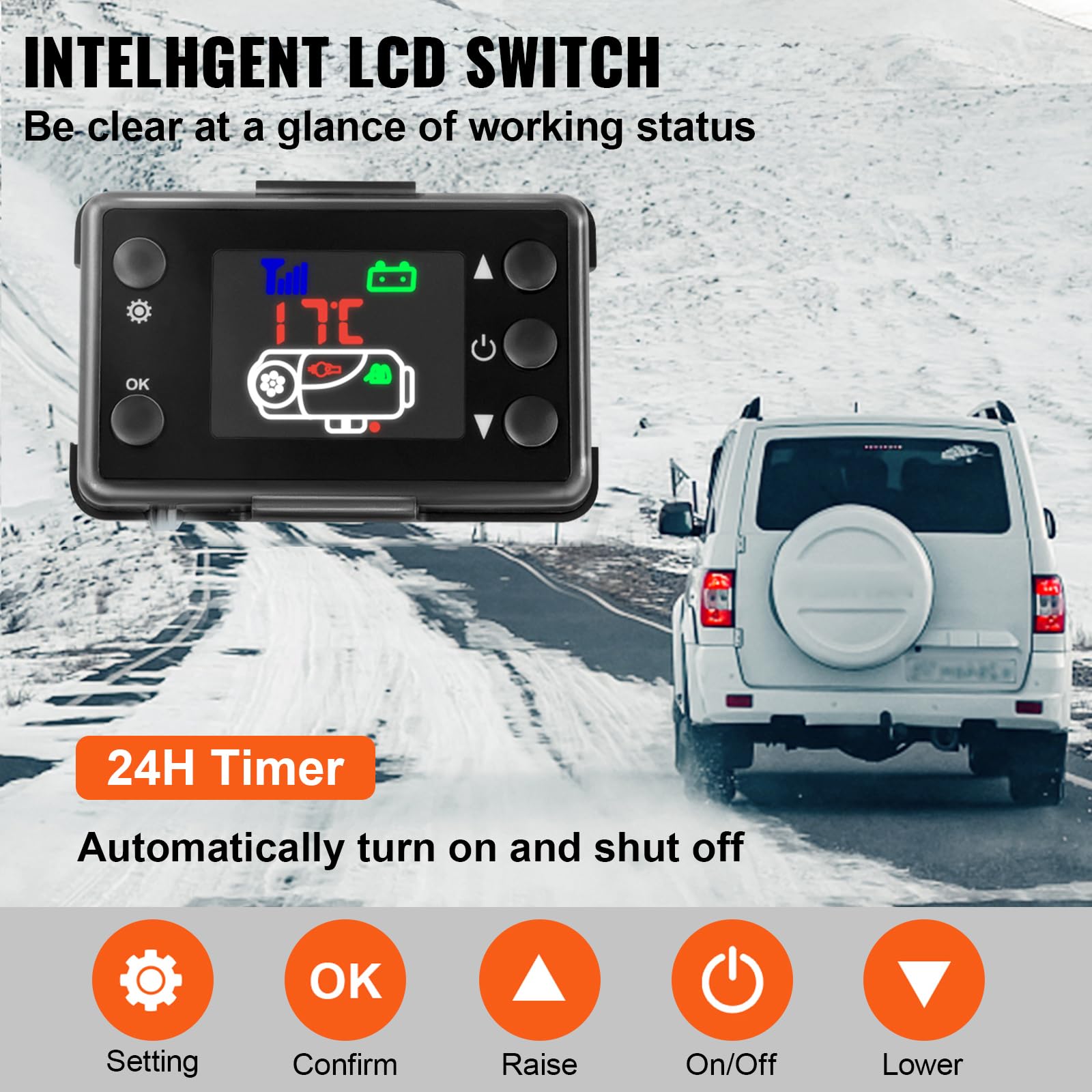 Nagrzewnica powietrza Diesel 8 kW z tłumikiem, zbiornikiem 12 V 10 l do łodzi, autobusów, kamperów i przyczep. Zawiera ogrzewanie 8000 W i monitor LCD.
