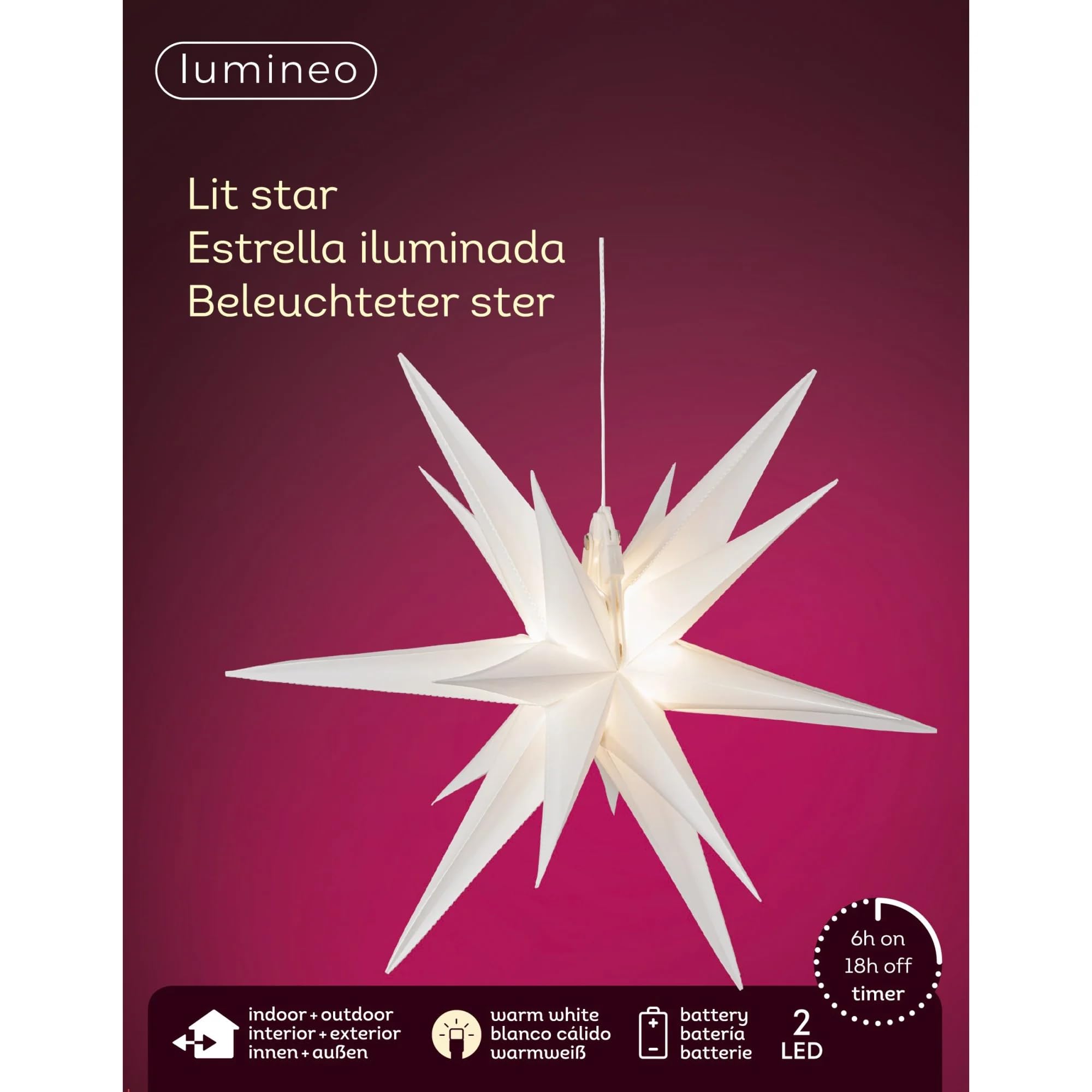 LED Christmas Star 25 Cm With Timer - White - Star Garden Stake Illuminated - Outdoor Christmas Winter Decoration