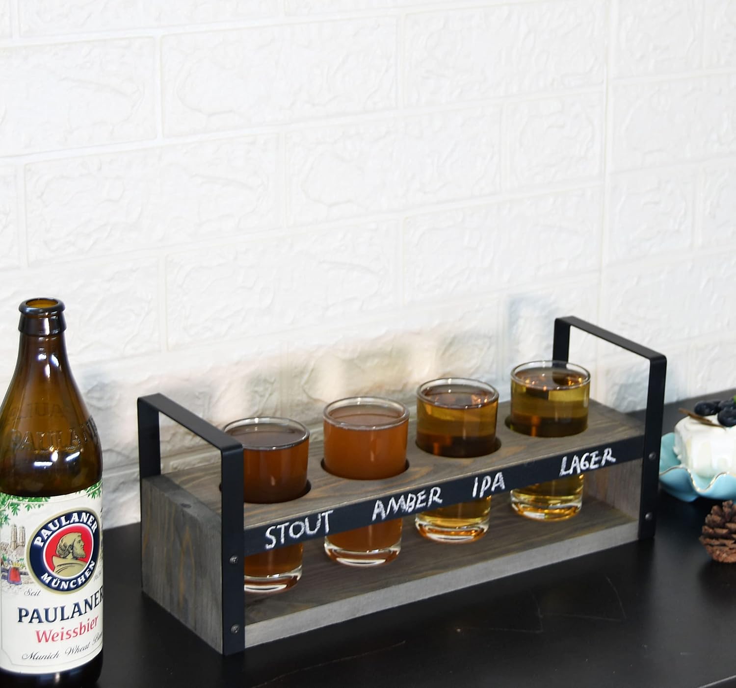 Owlgift Beer Flight Glasses and Board Set Included Vintage Gray Serving Tray with Black Metal Handles and Chalkboard Panel and 4 Tasting Beer Glasses, Set of 2