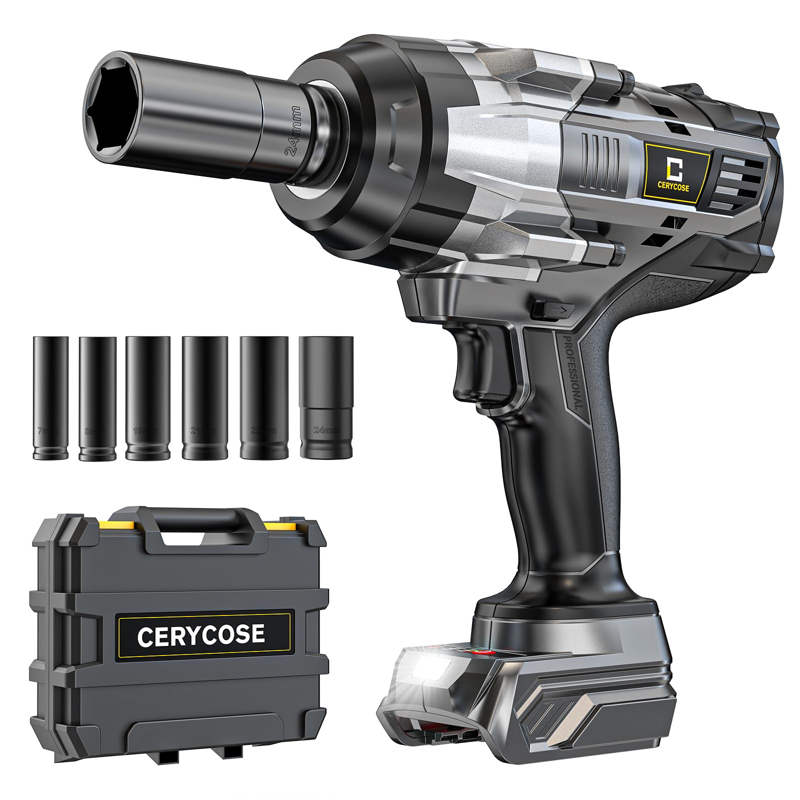 Cerycose Cordless Impact Wrench 1/2 inch Compatible with DeWalt 20V Battery: 1700FT-LBS High Torque Impact Wrench with 6 Sockets &amp; Case - Brushless Electric Impact Gun LED Work Light, Bare Tool