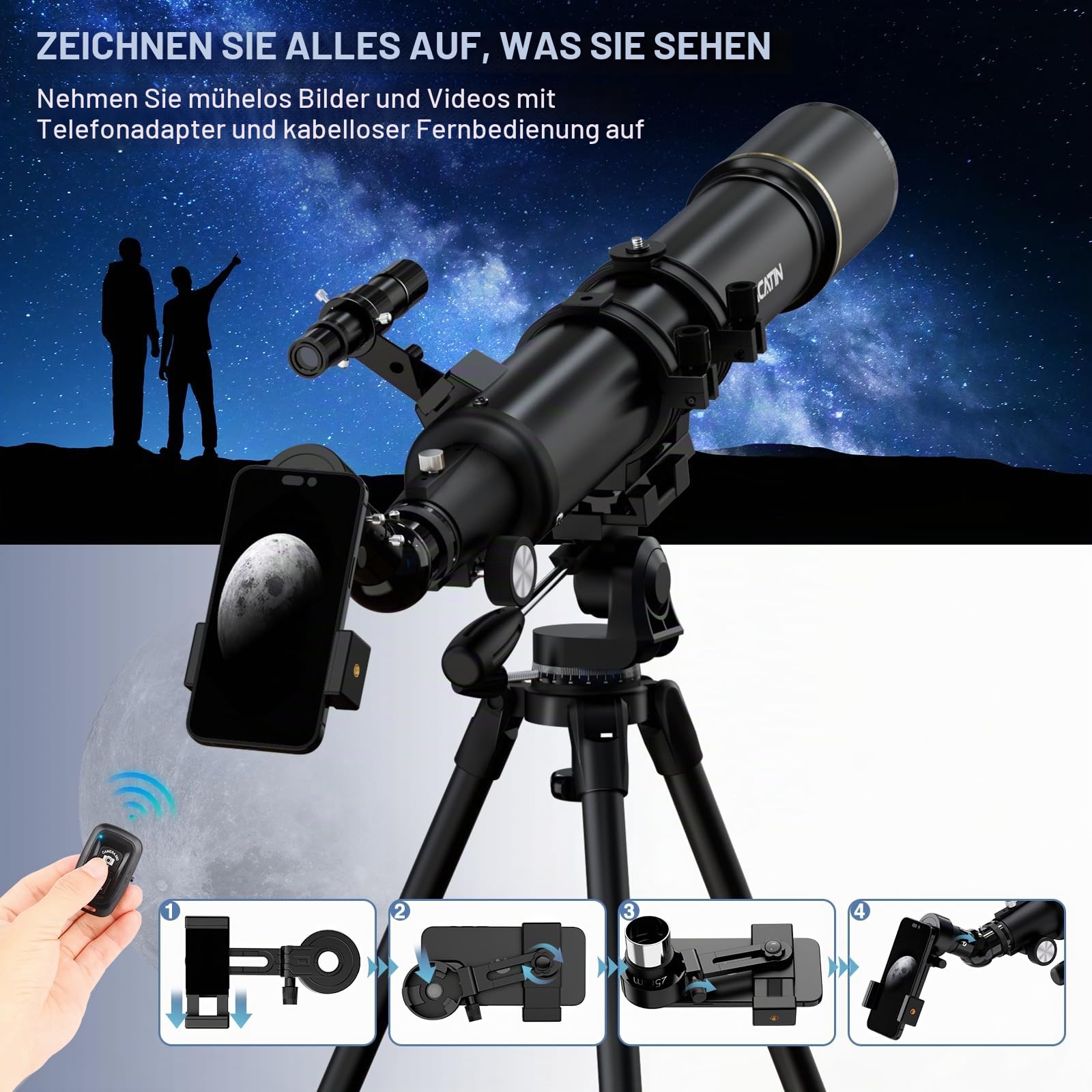 Astronomie Teleskop für Erwachsene & Anfänger - 90mm Öffnung 800mm Refraktor mit 32X-240X Vergrößerung, stabilem Eisenstativ, Smartphone-Adapter & Rucksack - für Mond, Planeten & Sternebeobachtung