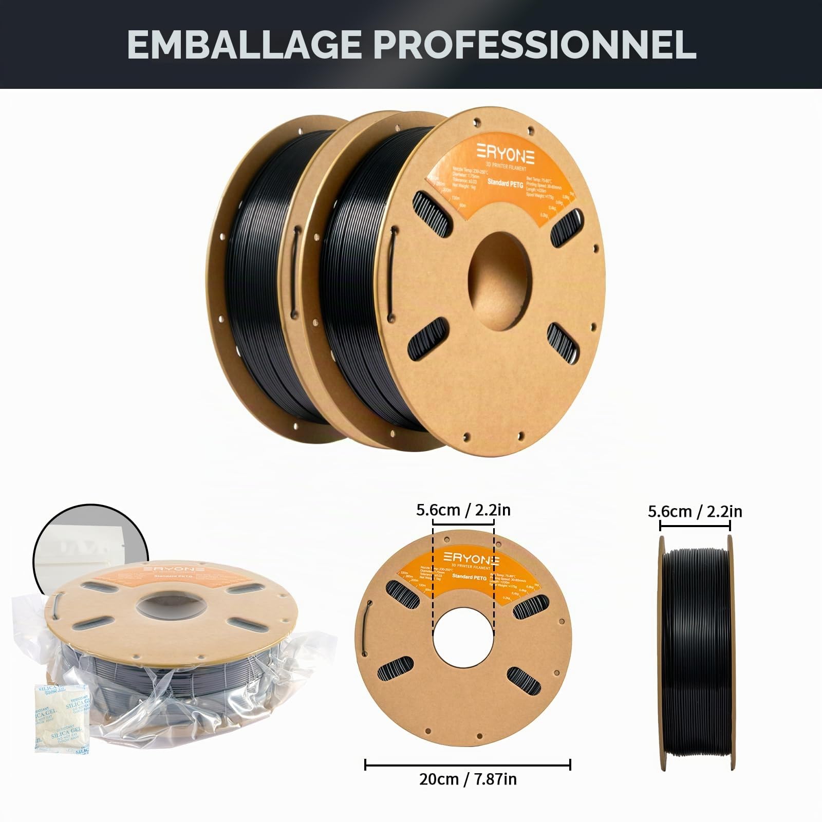 ERYONE PETG Filament 1.75mm, Filament PETG for 3D Printer 2KG, +/-0.03mm, 2 Pack 1KG Cardboard Spool, Black