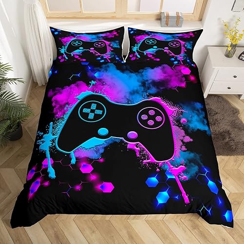 Juego de ropa de cama para niños y niñas, juego de funda de edredón con control de consola de videojuegos y joystick, tamaño Queen, juego moderno