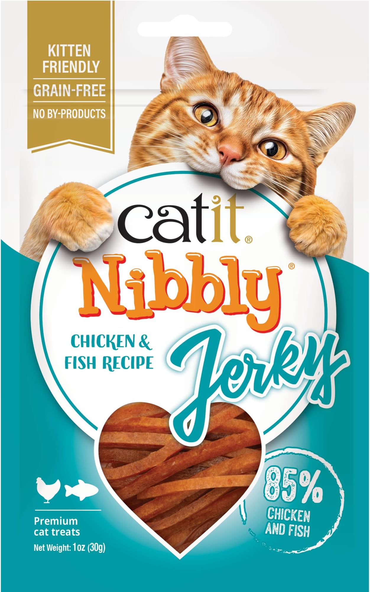 Catit Nibbly Jerky Cat Treats, Chicken & Fish Recipe, White, 1 oz