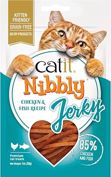 Catit Nibbly Jerky Cat Treats, Chicken & Fish Recipe, White, 1 oz