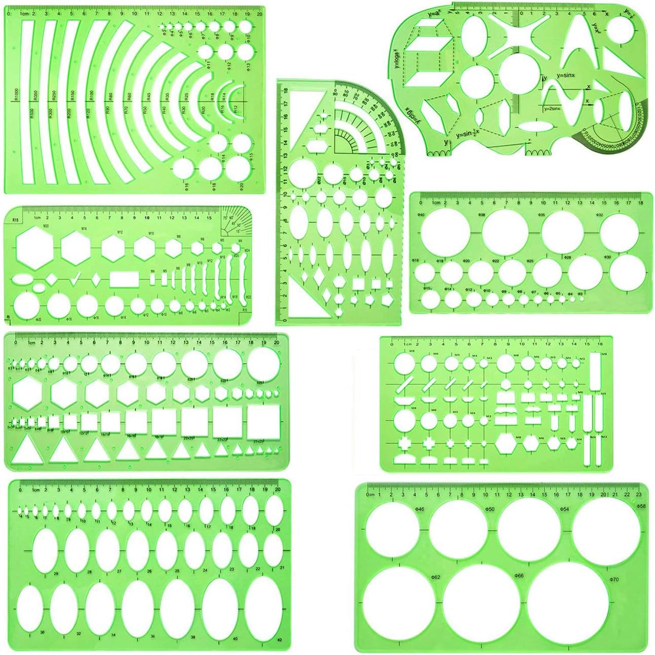 QISF 9 Pcs Geometric Drawing Templates | Ellipse Template | Circle Template | Clear Green Rulers | Measuring Templates Rulers Digital Drawing for Office School Building Formwork Drawings Templates