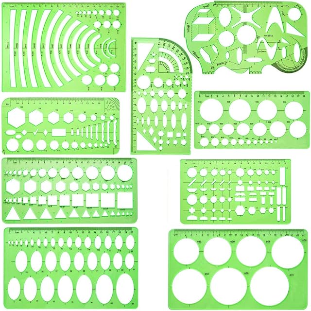 QISF 9 Pcs Geometric Drawing Templates | Ellipse Template | Circle Template | Clear Green Rulers | Measuring Templates Rulers Digital Drawing for Office School Building Formwork Drawings Templates