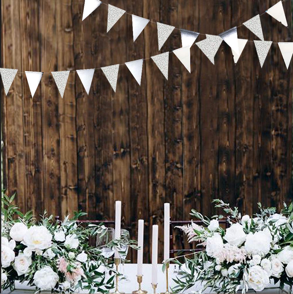 Festiko®12 Flags Silver Party Decorations Glitter Metallic Paper Triangle Banner Flag Garland Pennant Bunting for Wedding Engagement Graduation Anniversary Bachelorette Birthday Party Supplies 2