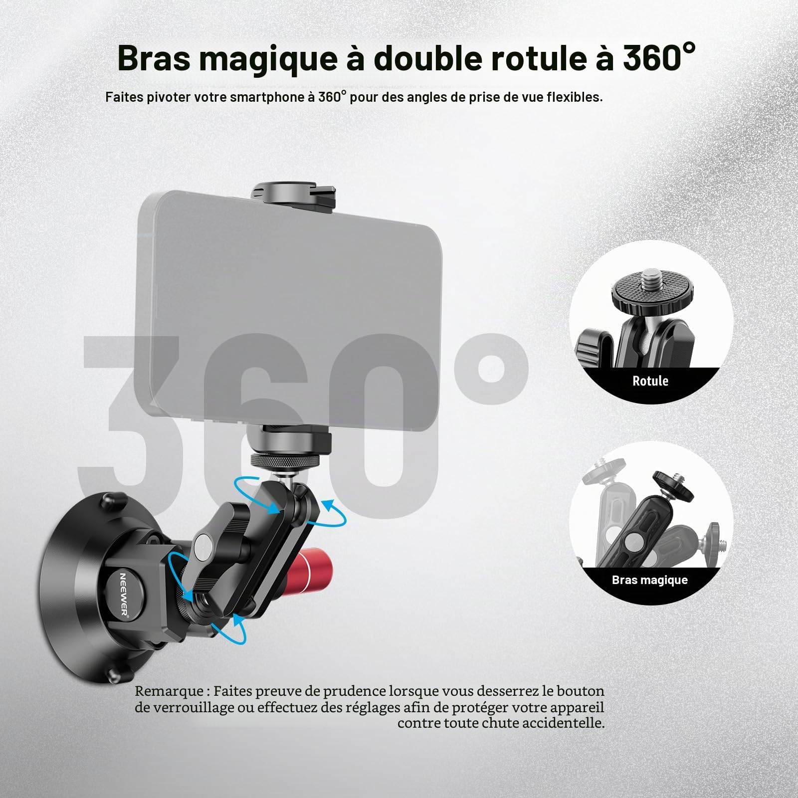 NEEWER Support Caméra Ventouse 3",Compatible avec Arri 1/4" Trous, Support de Voiture Quick Release+ de Téléphone, Adaptateur Action Cam Compatible avec iPhone GoPro DJI Insta360, CA104
