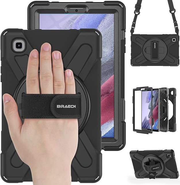 BRAECN Case for Samsung Galaxy Tab A7 Lite 8.7 inch 2021, Heavy Duty Rugged Shockproof Case with 360°Rotating Stander/Hand Strap/Shoulder Strap, Protective Cover for SM-T225/T220/T227 Tablet - Black