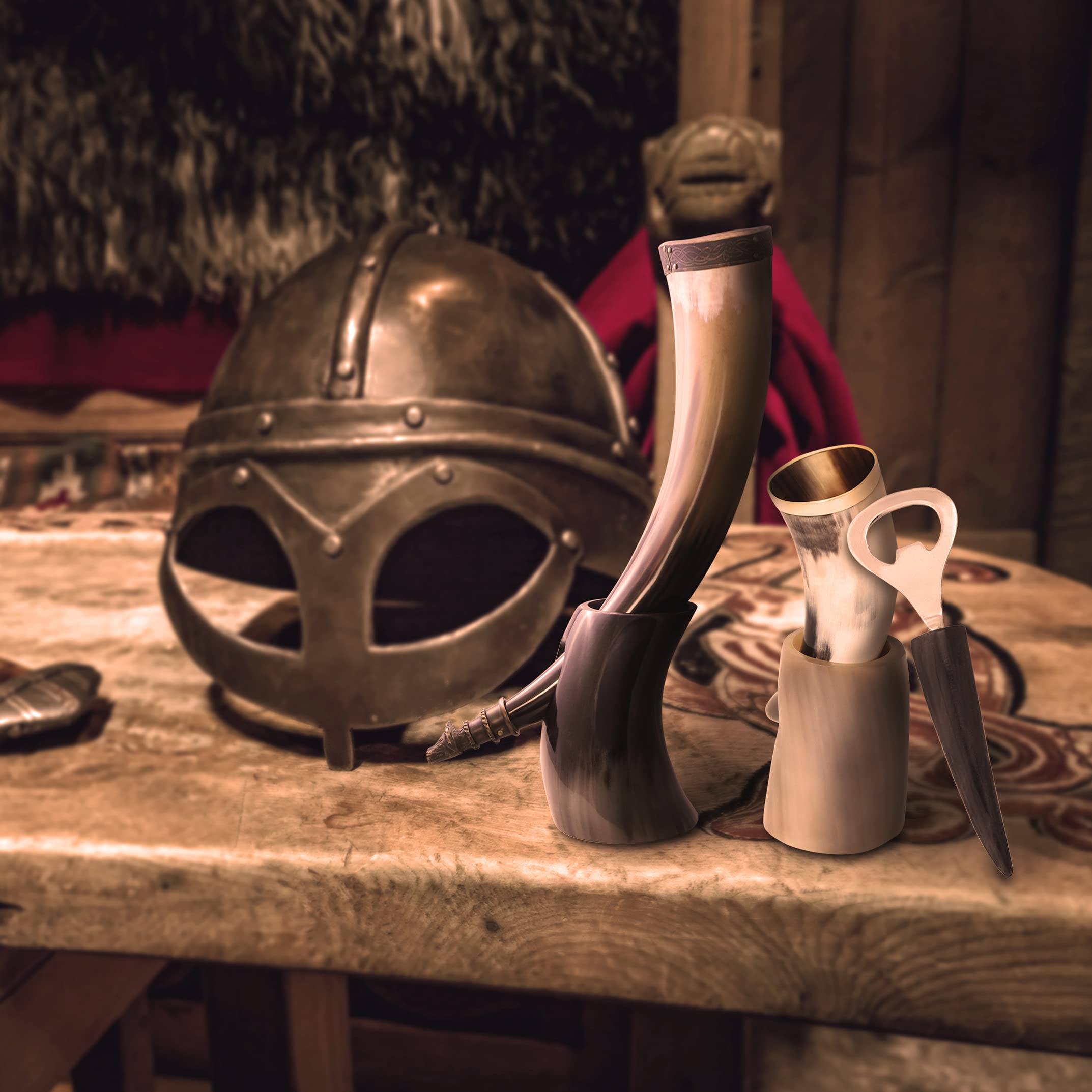 Auténtico cuerno para beber vikingo, trago de cuerno, abridor de botellas (juego de 3 piezas) | Auténtico cuerno medieval para beber | Bolsa de regalo de lino incluida Lobo, pulido 16 oz