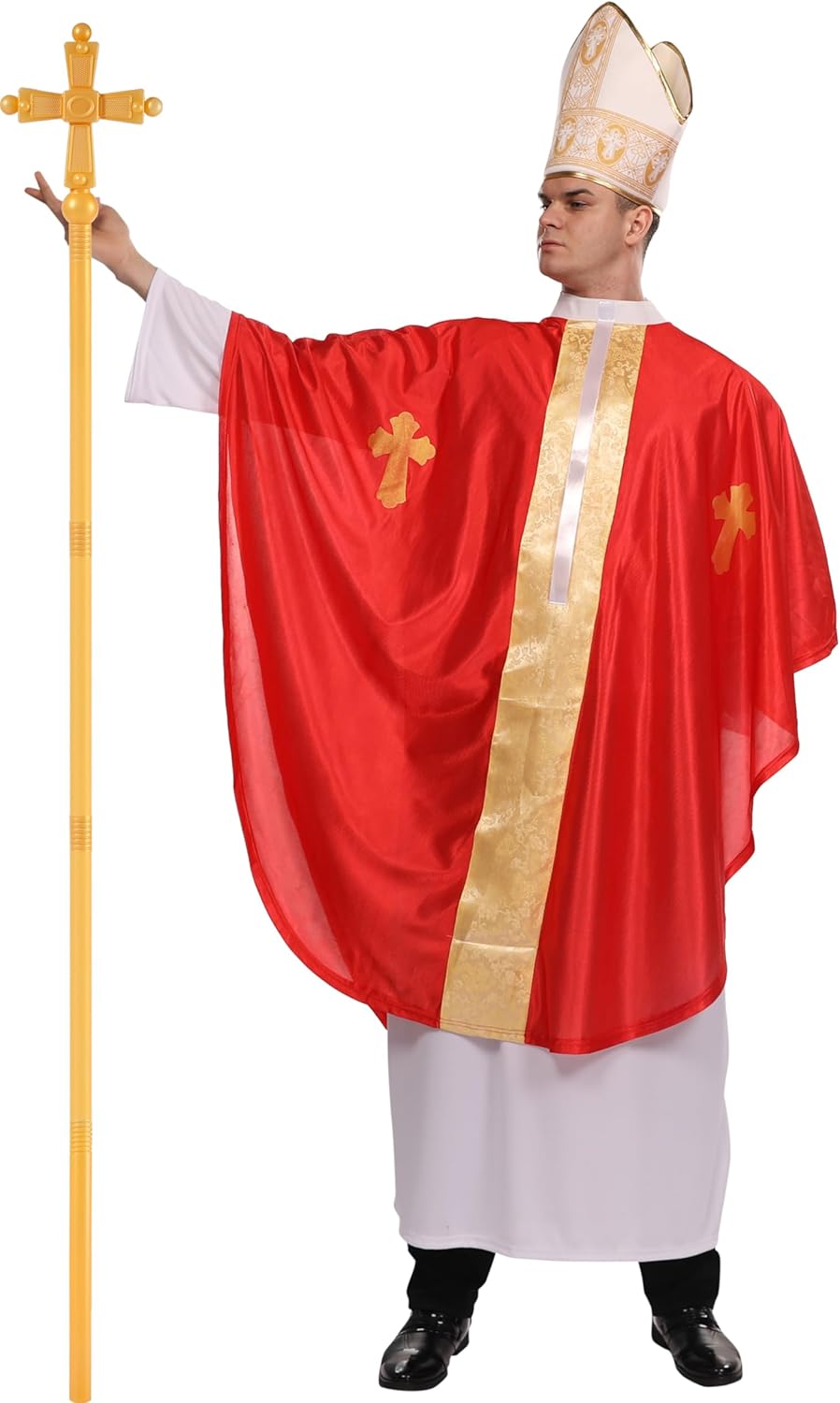 Maxim Party Supplies Adult Pope Halloween Costume Biblical Catholic Cardinal Bishop Outfit for Men Includes White Robe, Red Papal Poncho, Hat - Image 5