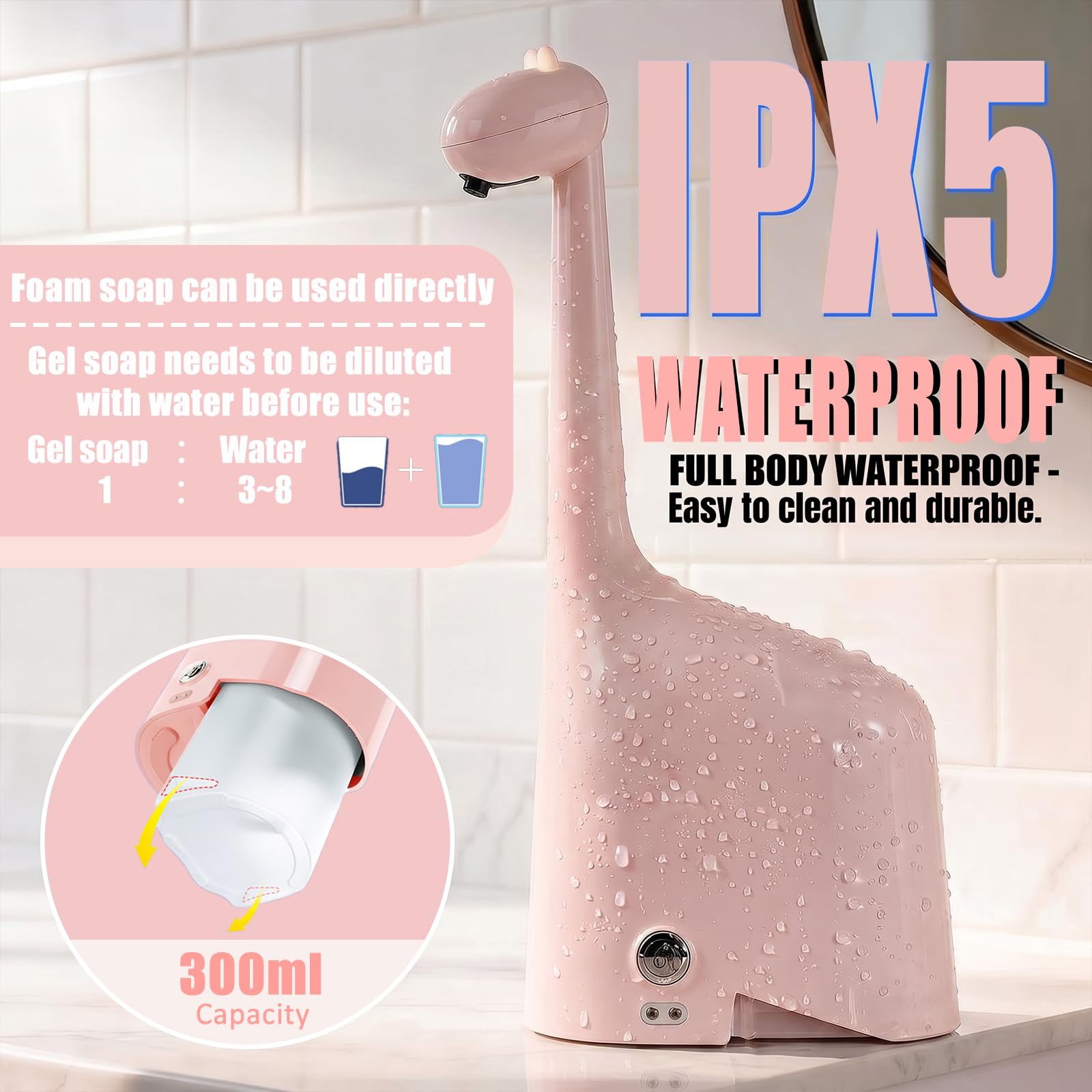 Dispenser automatico di sapone a forma di dinosauro, senza contatto, ricaricabile, 300 ml, schiuma regolabile a 3 livelli, impermeabile IPX5, per bagno, cucina, hotel, ristorante, rosa