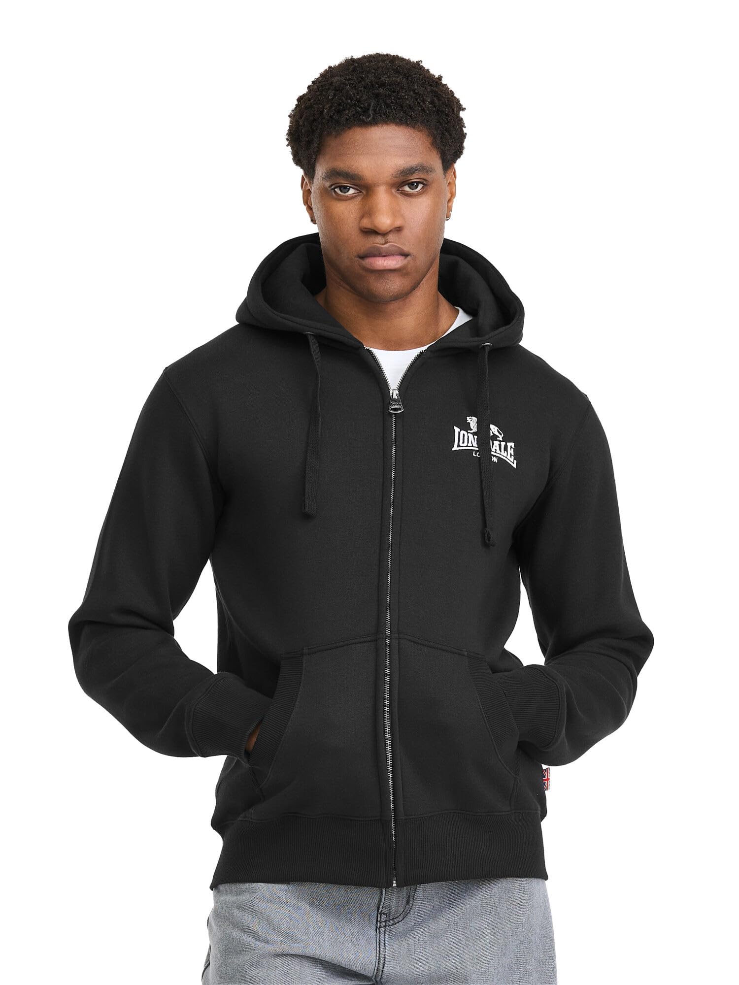 Lonsdale Męska bluza z kapturem z zamkiem błyskawicznym, normalny krój, RotherhITHE, czarno-biała, 3XL