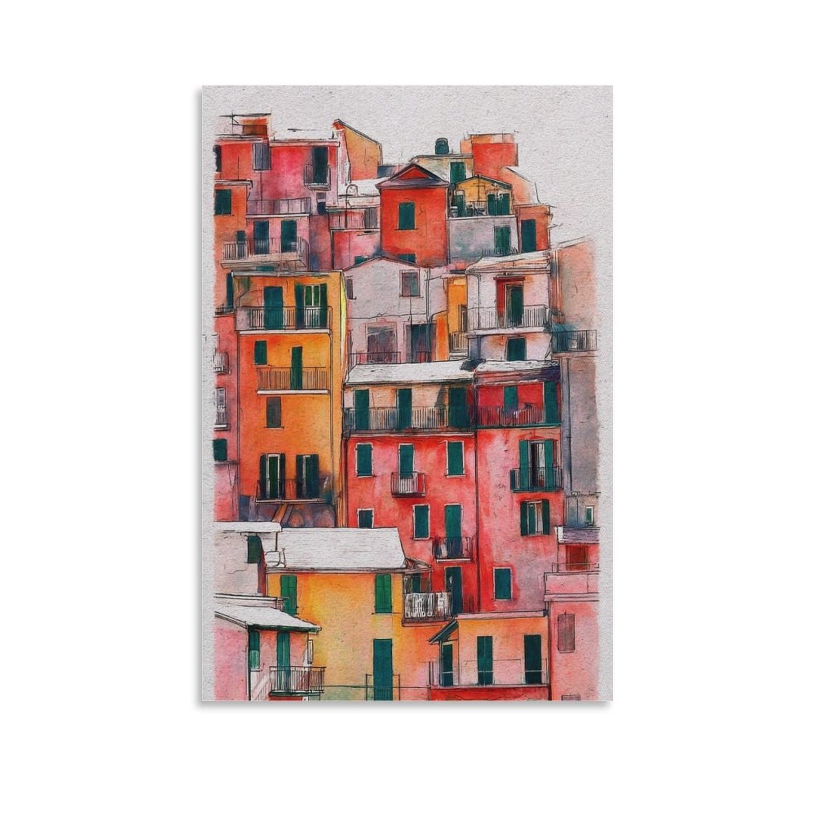 Cnaheiz Unframe-Style Manarola Italy 08X12inch(20X30cm) Vintage Travel Poster Watercolor Canvas Art