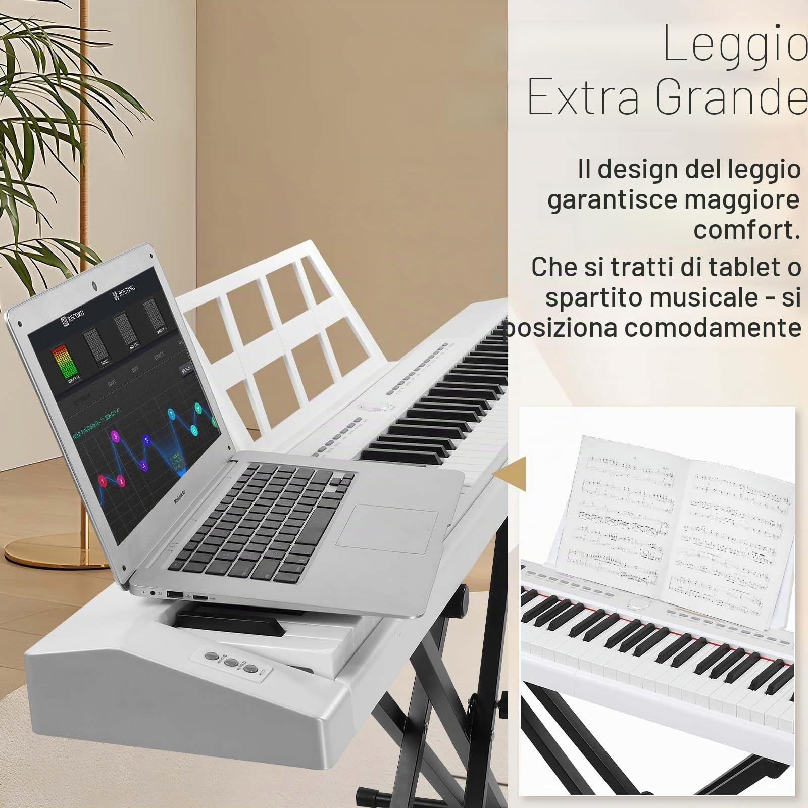 LEADZM 88 tasti semi-ponderati Digital Piano, tastiera elettronica con doppio tubo a forma di X, supporto Bluetooth MIDI, supporto per spartiti, pedale Sustain, cuffie (bianco)