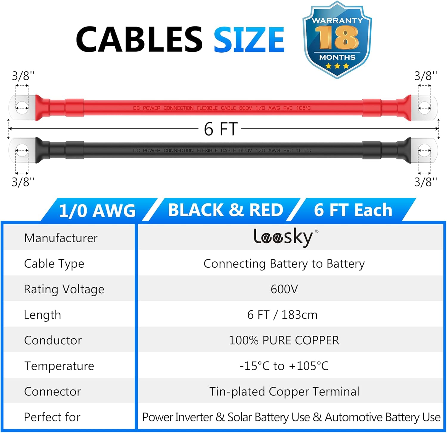 LEESKY 1/0 AWG Battery Cables 1/0 Gauge 6 Feet Pure Copper Battery Inverter Cables 3/8 Inch Terminals for Golf Cart, Power Inverter, Solar, Car, RV, Marine