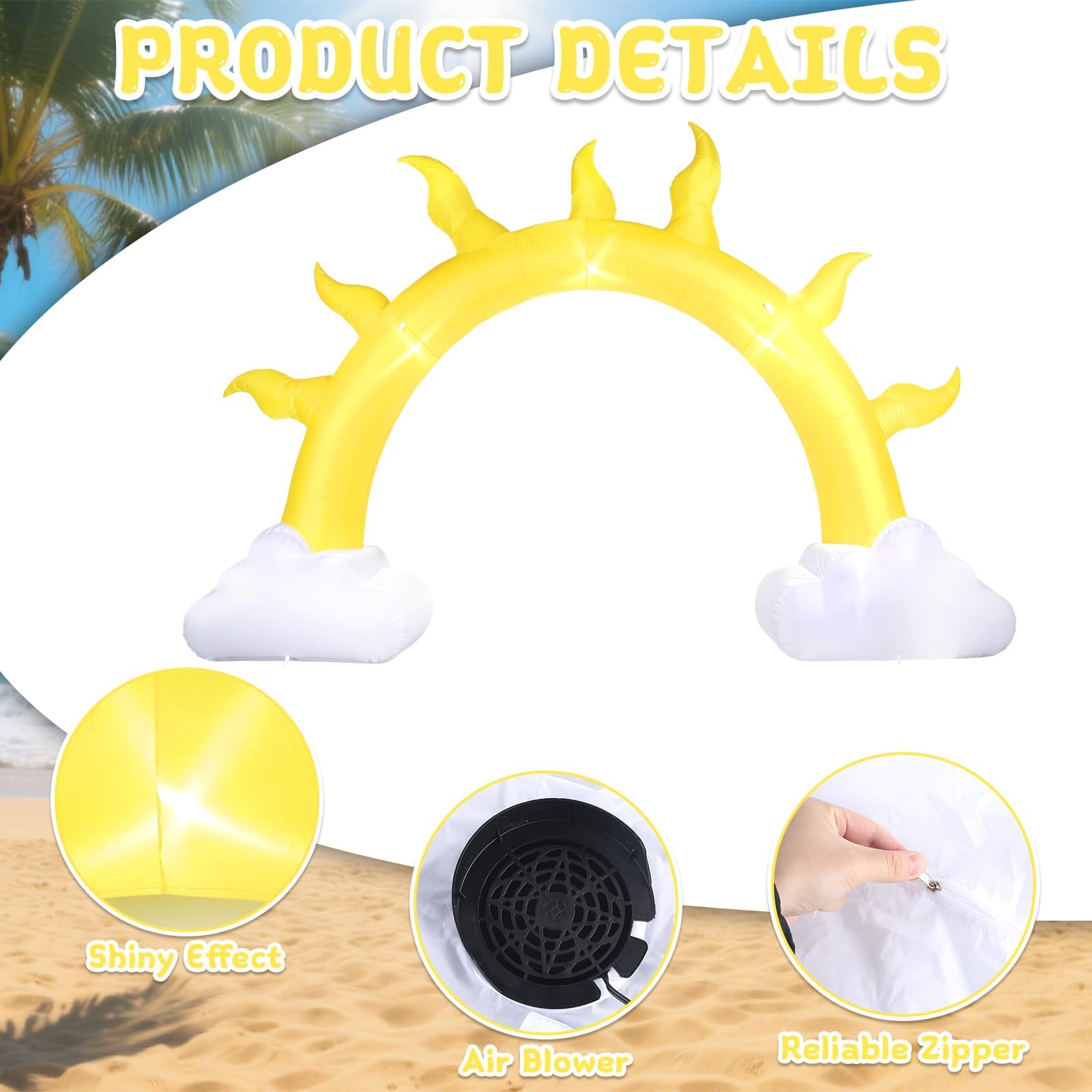Arco inflable de sol de verano de 10 pies con luz LED, arco inflable para verano, cumpleaños, baby shower, playa tropical, piscina, fiesta, patio, césped, decoración de telón de fondo