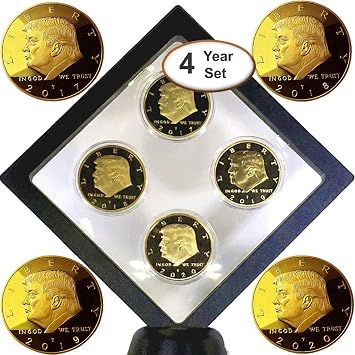 Donald Trump 1st Term 4 Year Coin Set, Collectors Edition, Gold Plated Replica Coins 2017, 18, 19, 20, Diamond Display Case, Cert of Auth. 1st Term Dia2 Blk.