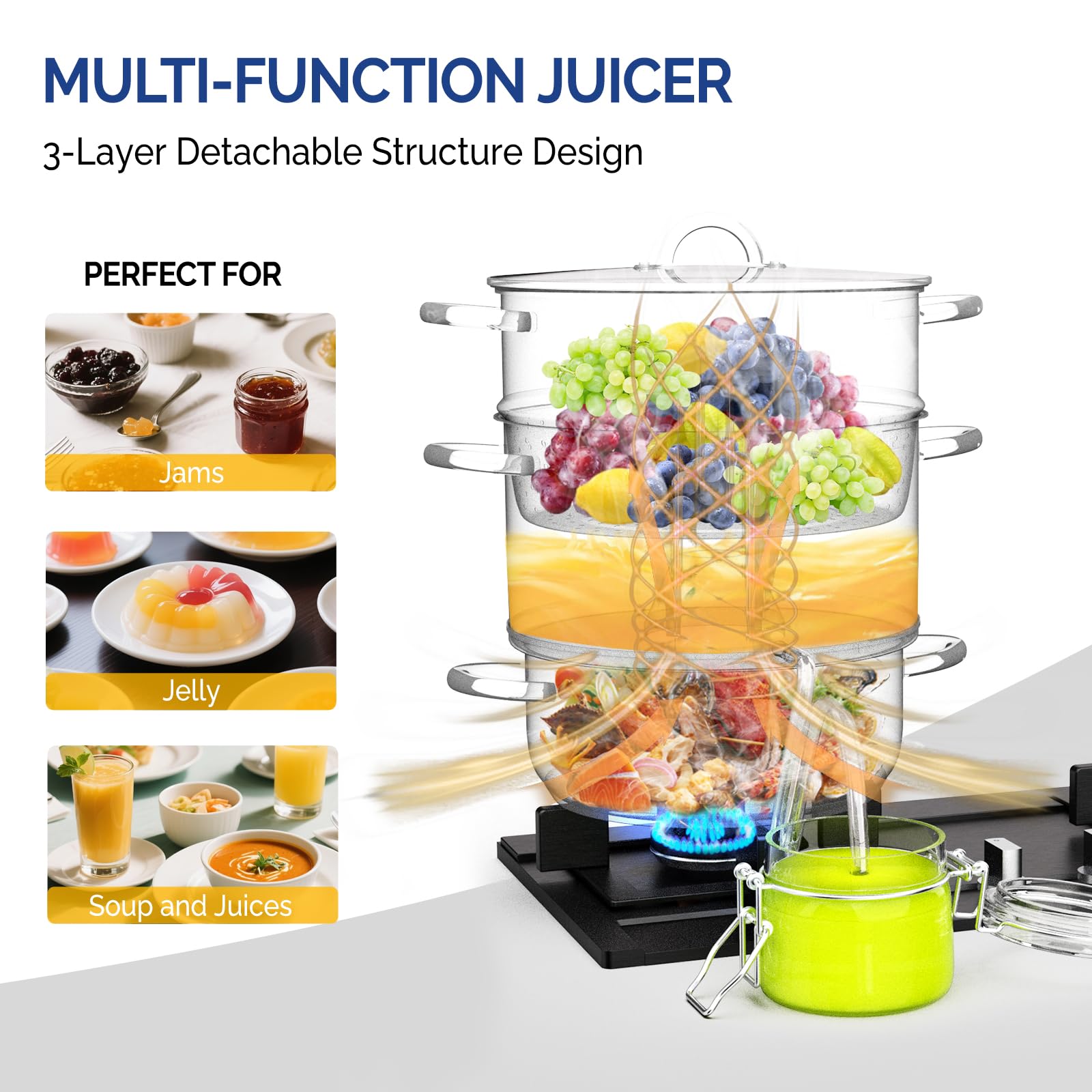Vaporizador de jugo de acero inoxidable de 8.5 cuartos de galón, extractor de frutas y verduras, olla de vapor, con abrazadera de tapa de vidrio templado, asas de bucle, ideal para hacer jugo 4