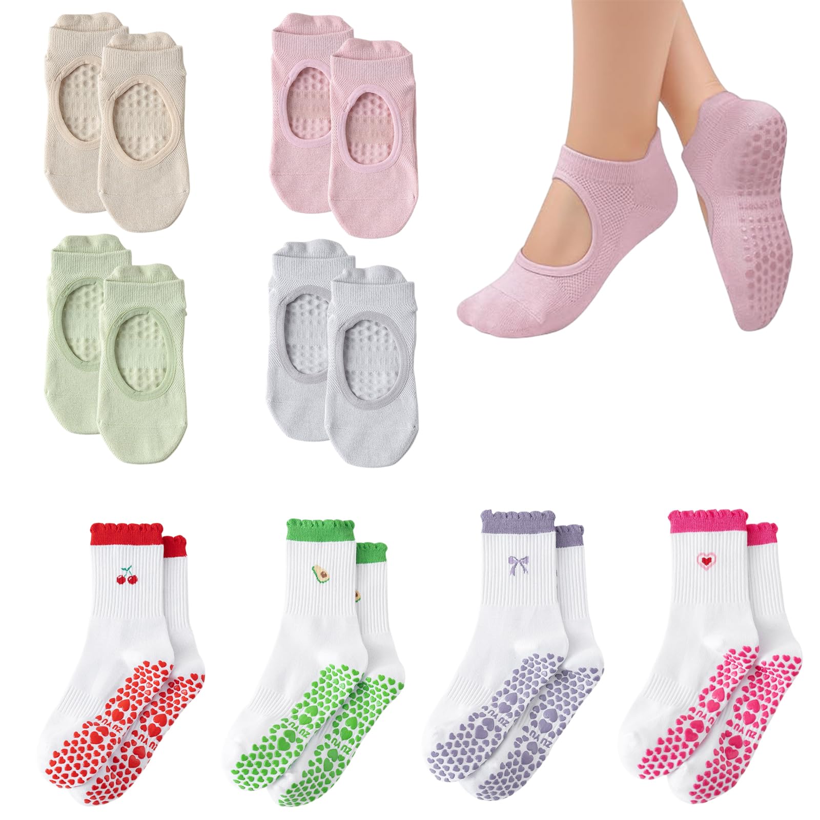 Uoxmiy 8 Pairs Pilates Grip Socks, Crew Yoga Reformer Pilates Socks for Women, Non Slip for Ballet Dance Barefoot Workout