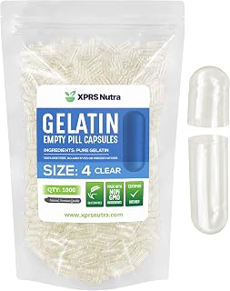 XPRS Nutra Size 4 Empty Capsules - 1000 Count Small Clear Empty Gelatin Capsules - Pills DIY Capsule Filling - Fillable Pure Bovine Pill Gel Caps for Do-It-Yourself Supplements